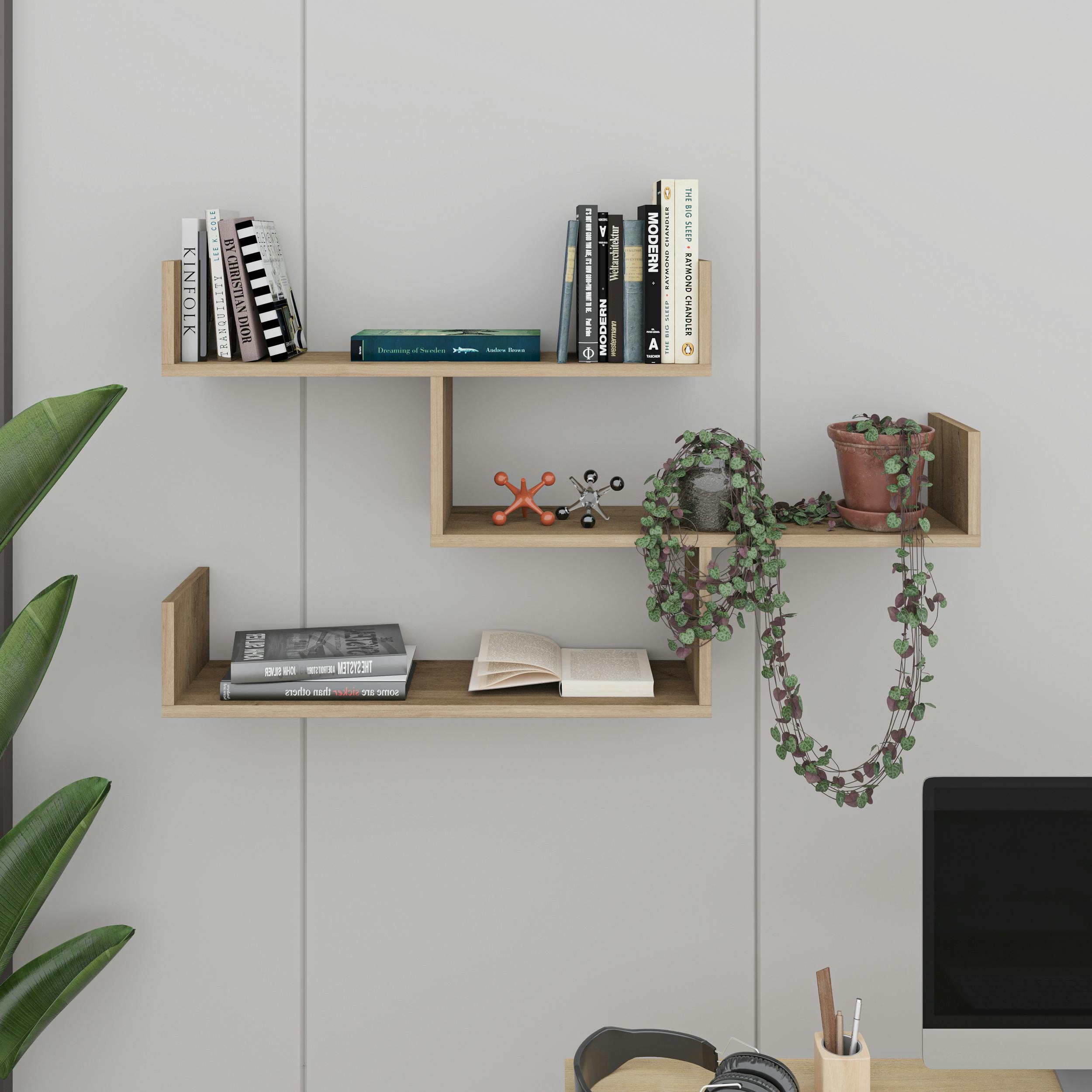 Decortie White Modern Tibet Wall Mounted Shelf Floating Bookcase Display Unit 66.5X119x22cm - Natural Oak