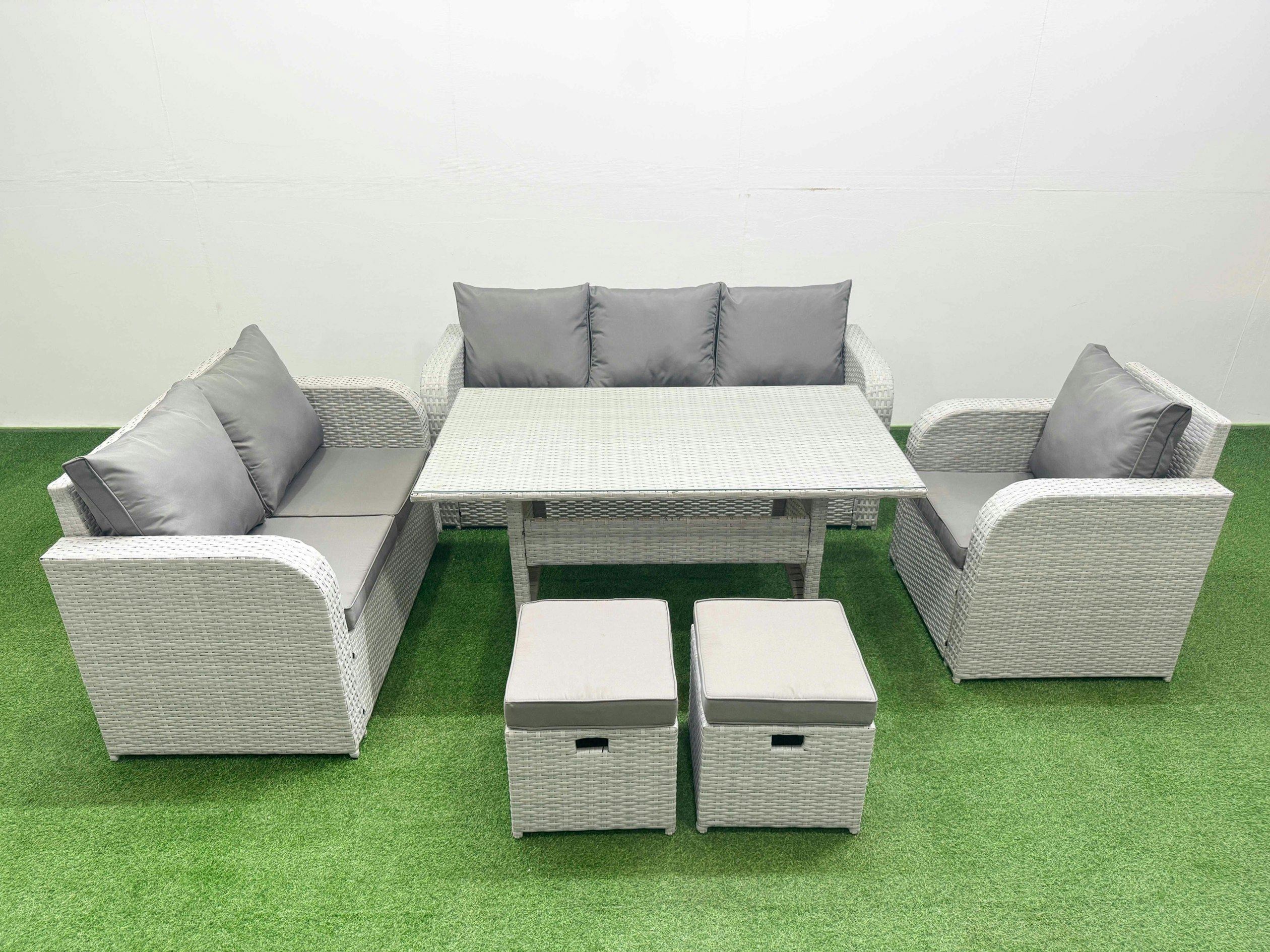 Rackhams Light/Grey 8 Seater Rattan Outdoor Sofa Set - Pe Wicker With Rectangular Dining Table, Reclining Chair, Loveseat & 3-Seater Sofa