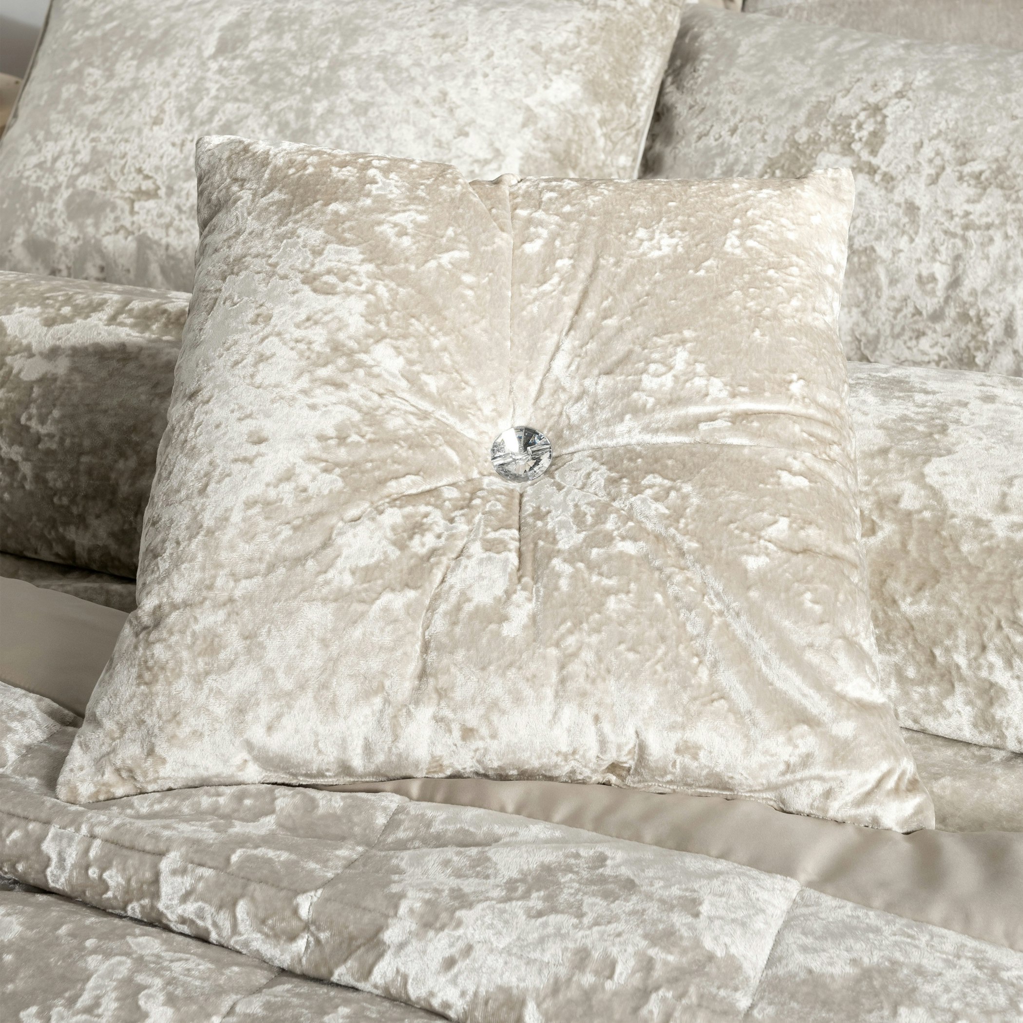 Catherine Lansfield Crushed Velvet Diamante Cushion - Natural