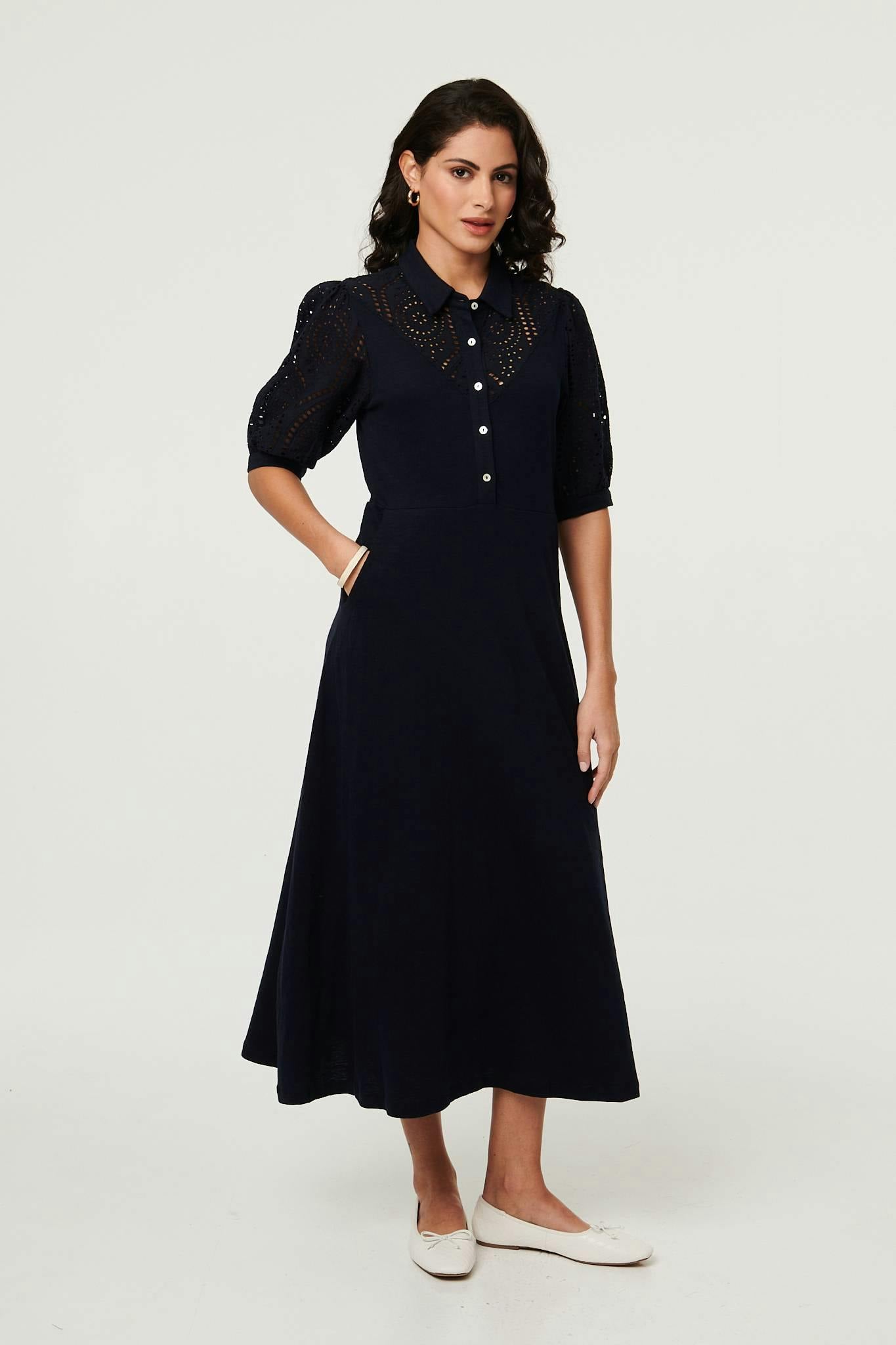 Izabel London Embroidered Texture Midi Shirt Dress - 16 - Navy