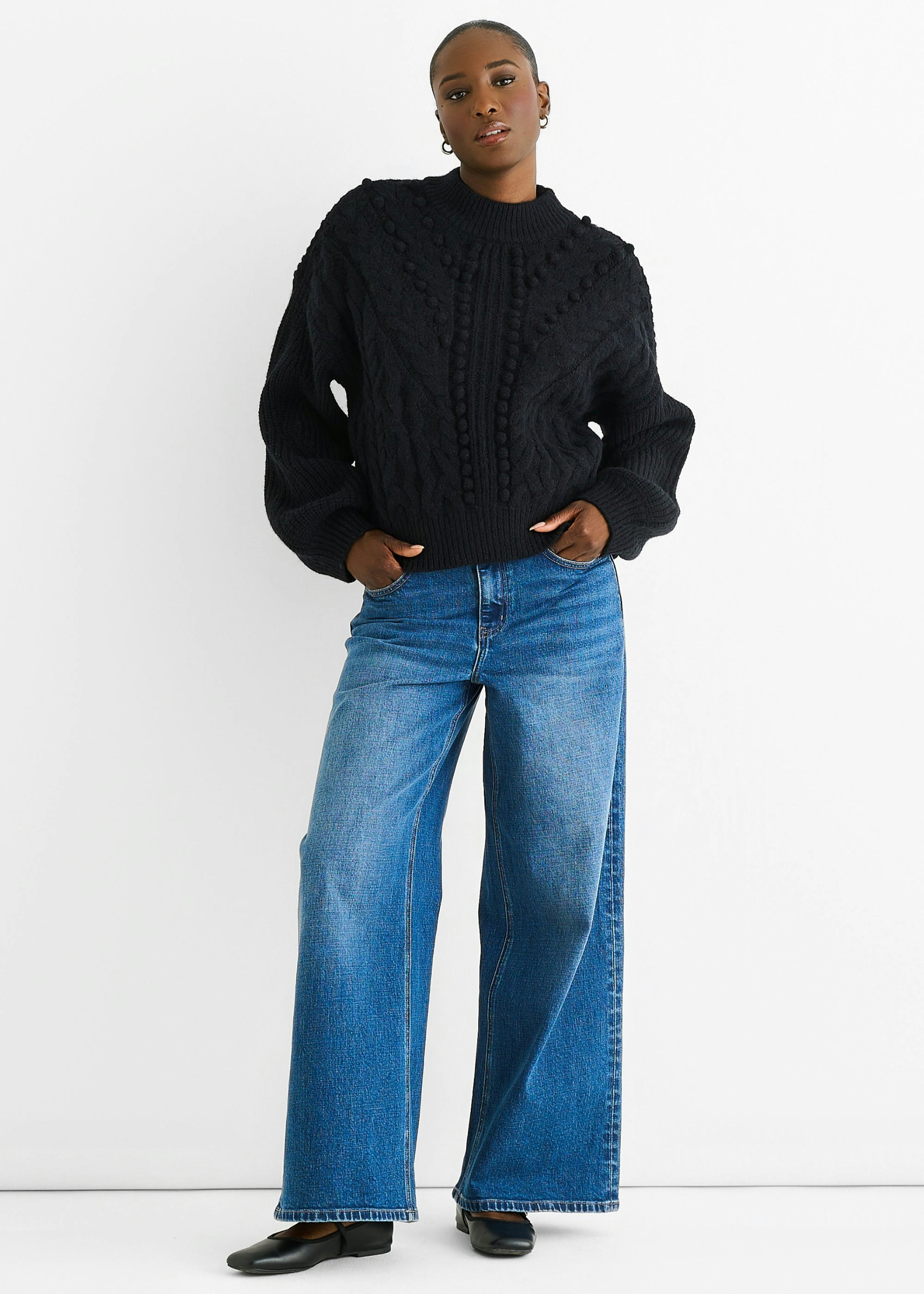 Gini London Black Chunky Knit Oversized Jumper - L-Xl (Uk 14-16/Us 10-12/Eu 42-44)