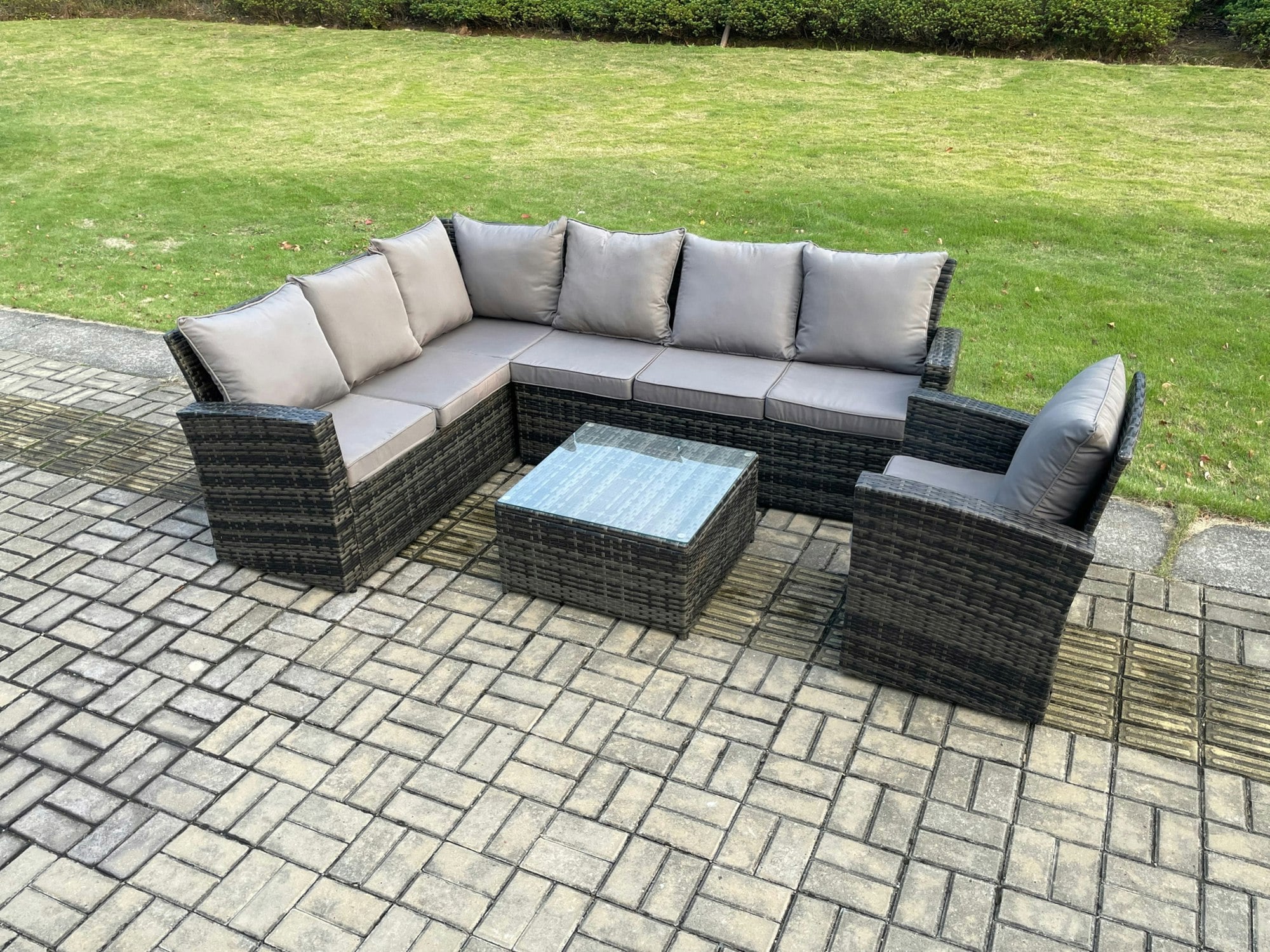 Fimous Dark/Grey 7 Seater Outdoor Furniture Garden Dining Set Rattan Corner Sofa Set With Square Coffee Table Armchair Mixed