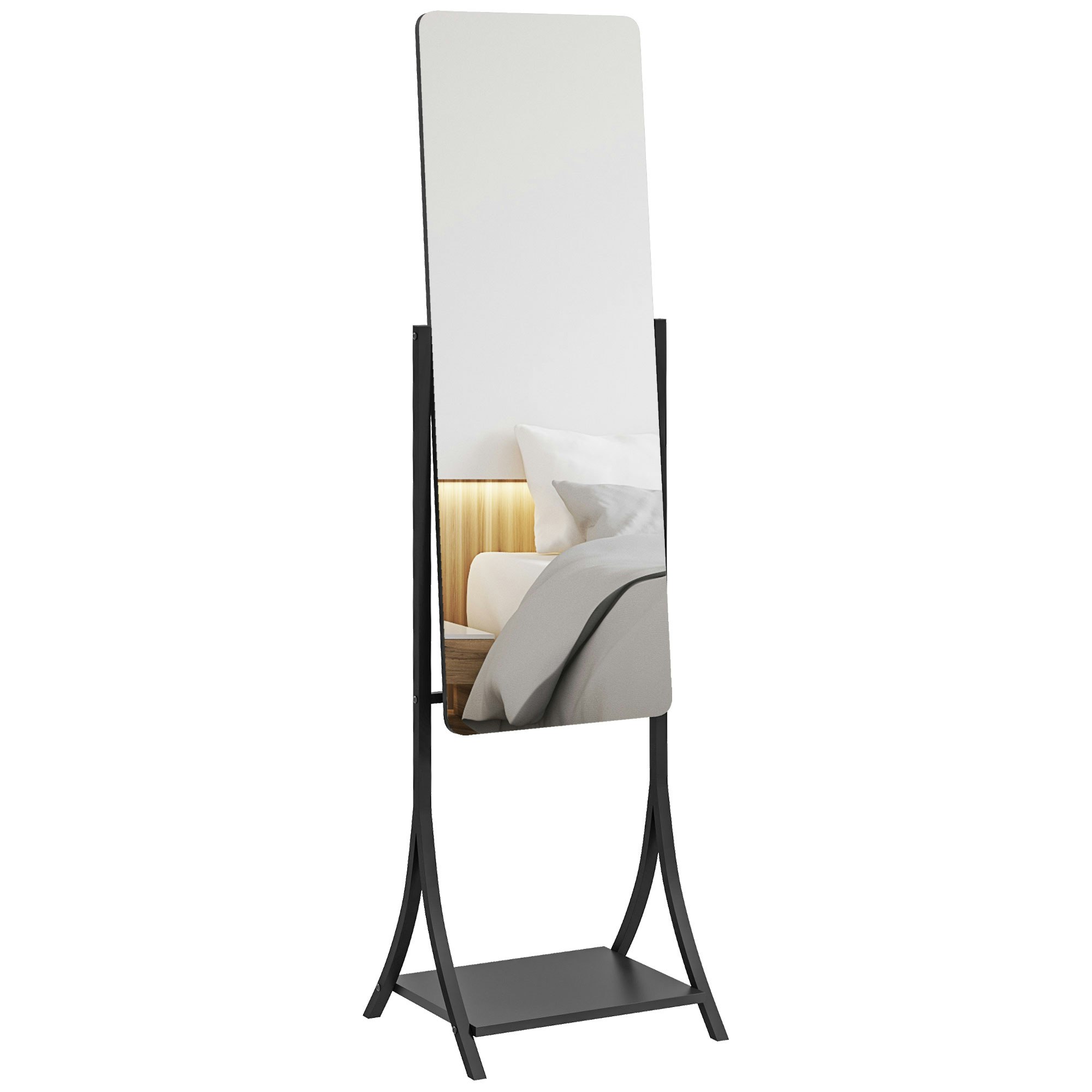 Rackhams Black Freestanding Full Length Mirror Adjustable Full Body Mirror W/ Shelf