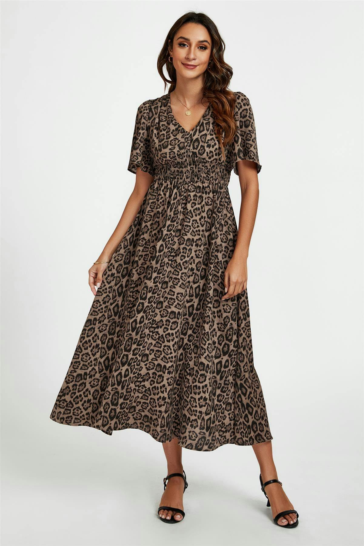 Fs Collection Brown Leopard Print V Neck Midi Dress In - Xs