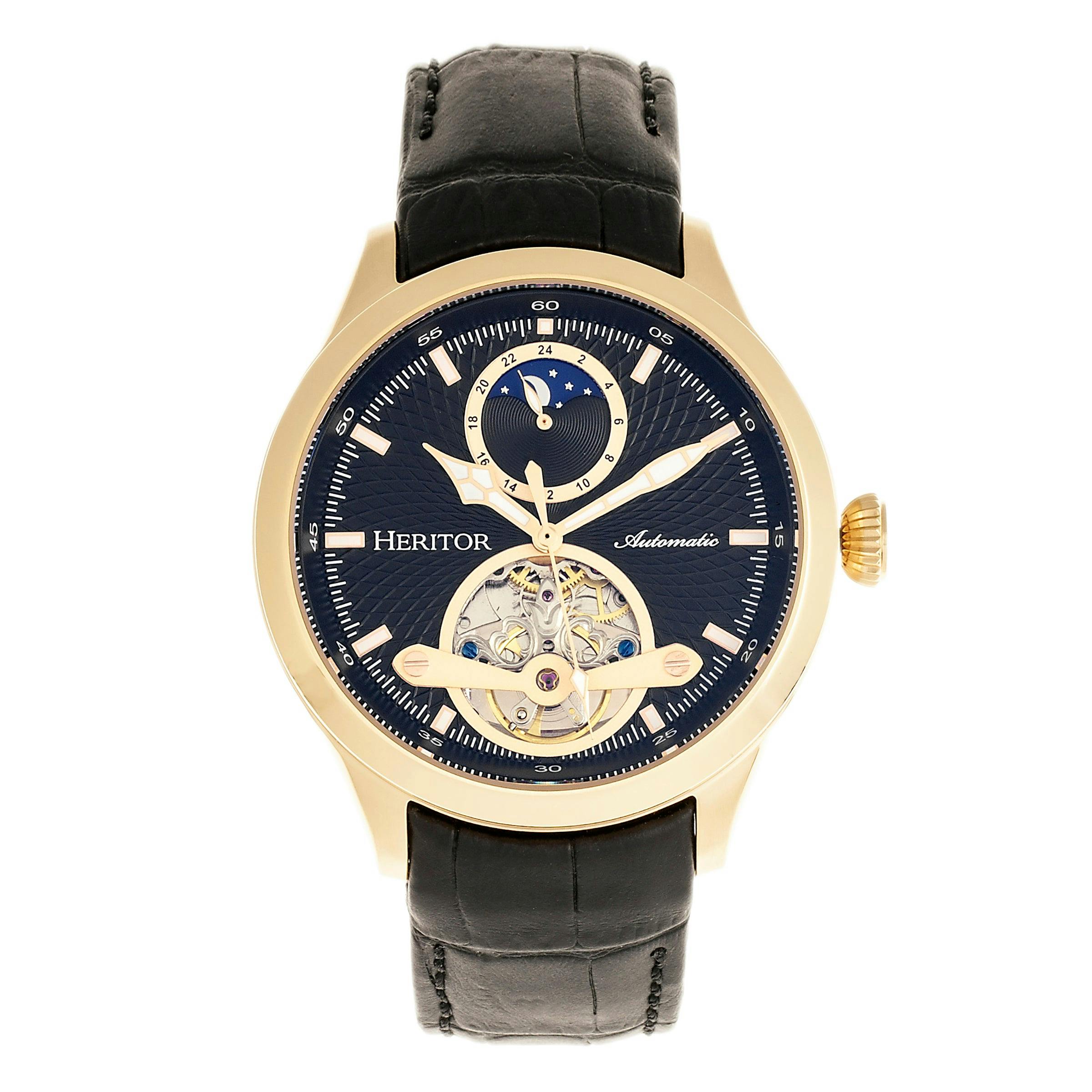 Heritor Automatic Gold/Black Gregory Semi-Skeleton Leather-Band Watch