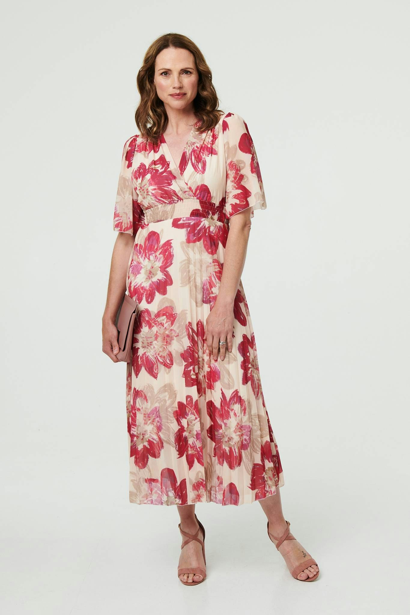 Izabel London Pink Floral 1/2 Sleeve Empire Midi Dress - S