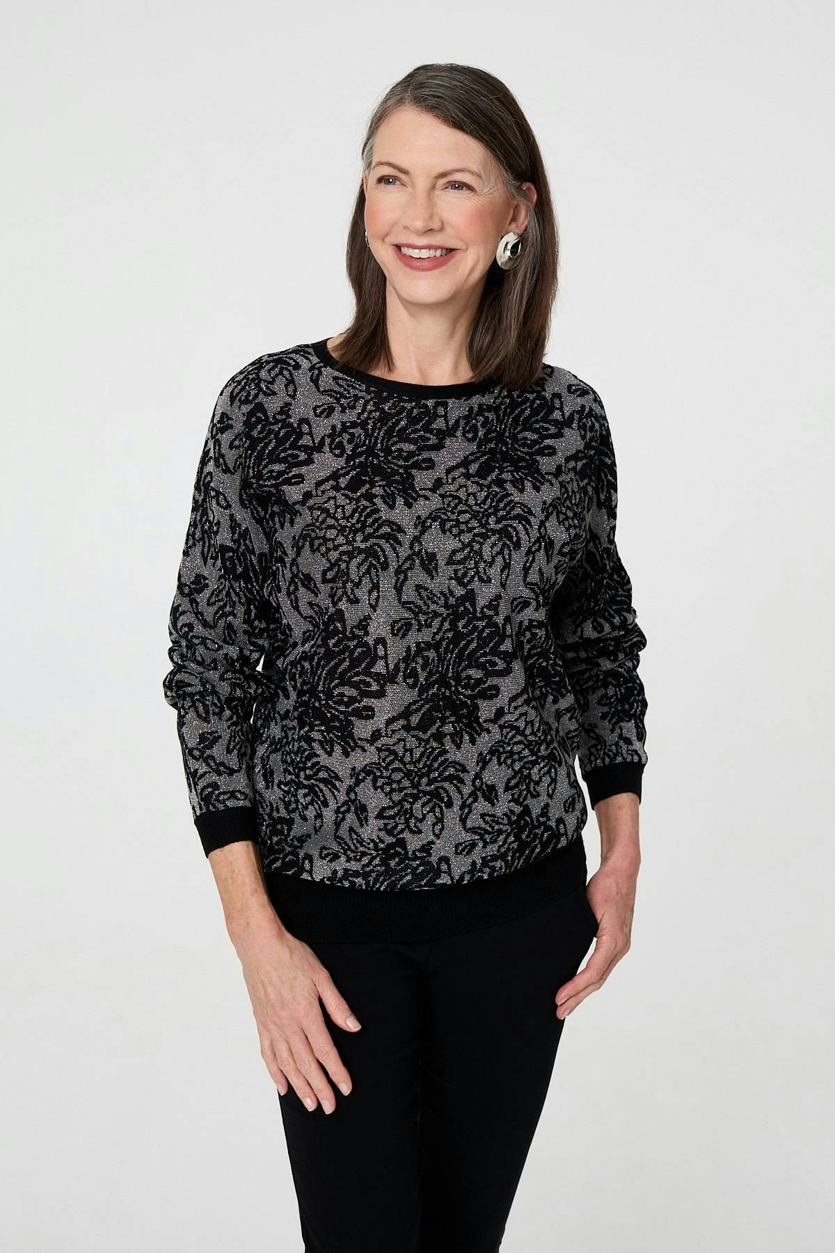 Izabel London Black Sparkly Floral Contrast Trim Jumper - 18