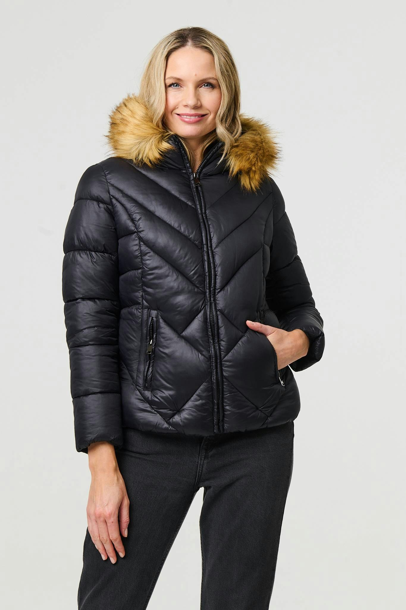Izabel London Black Faux Fur Trim Hooded Puffer Jacket - 12