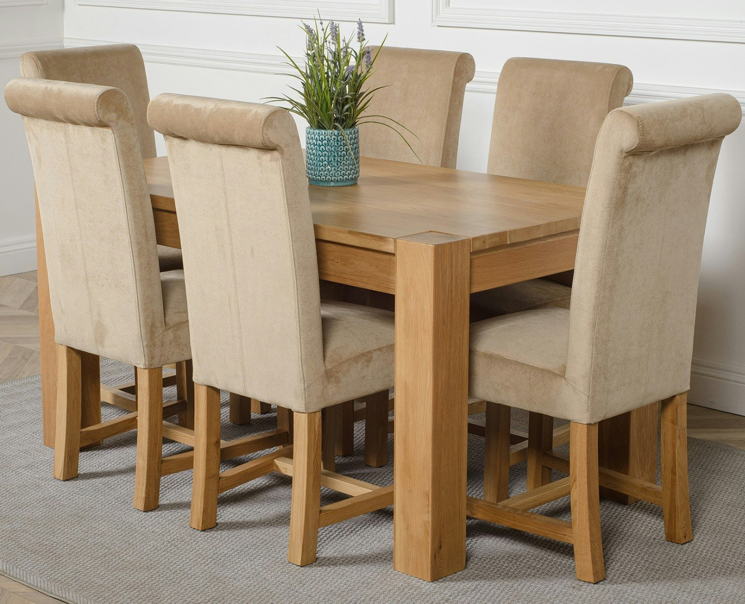 That's Furniture Beige Kuba Medium Oak Dining Table With Washington Fabric Chairs - 6 Chairs
