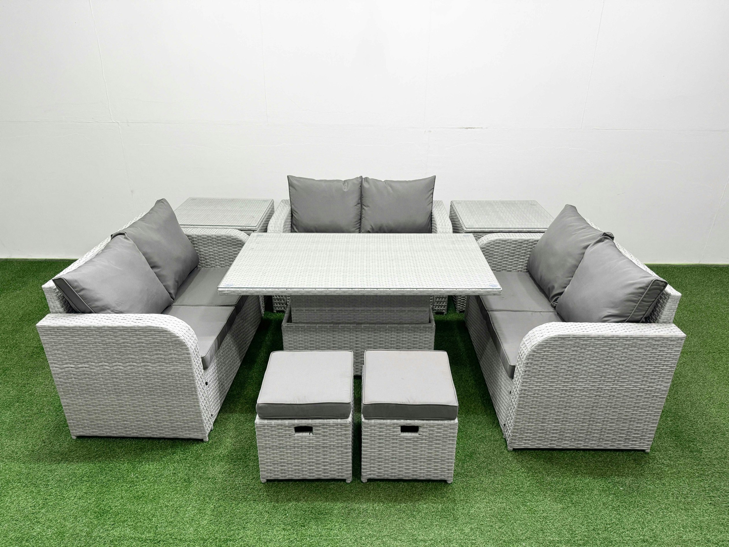 Fimous Light/Grey 8 Seater Rattan Outdoor Sofa Set - Pe Wicker With Adjustable Lifting Dining/Coffee Table, 2 Seater Love Sofa & 2 Stools