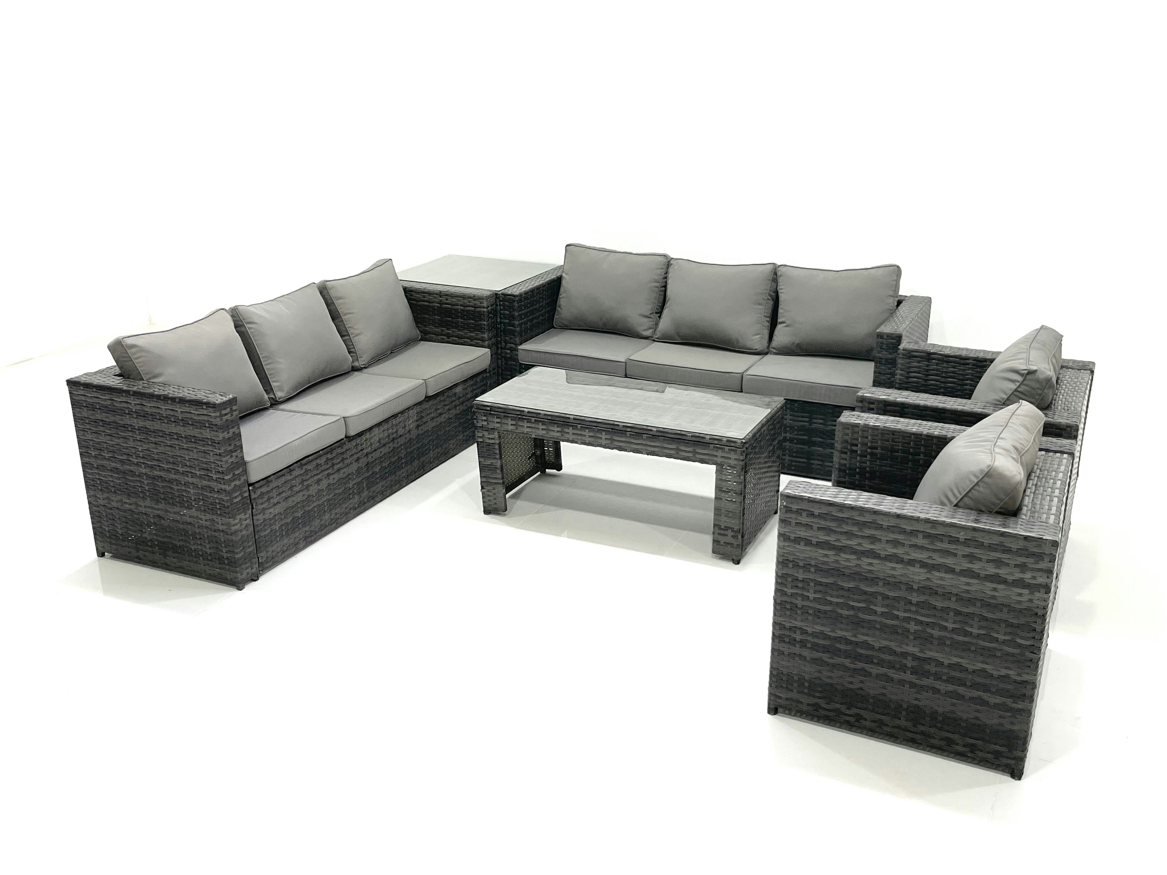 Rackhams Dark/Grey Rattan Garden Furniture Sofa Set With Coffee Table Armchair Side Table Mixed