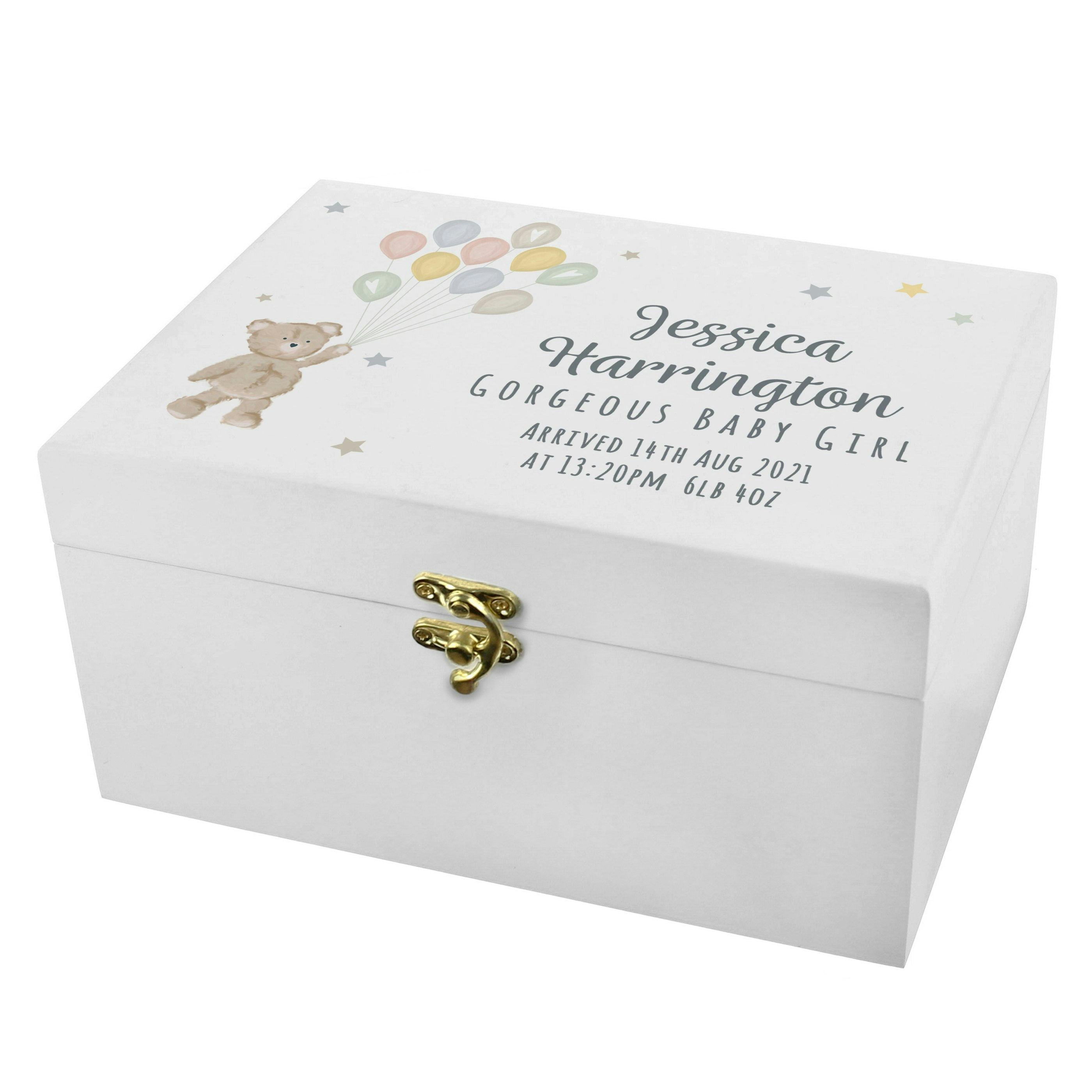 Personalised Memento Company White Personalised Teddy & Balloons Wooden Keepsake Box