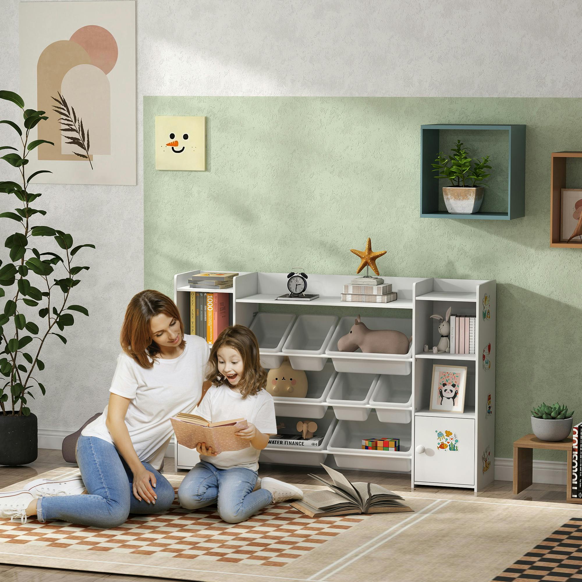 Rackhams White Kids Toy Storage Organiser With 8 Removable Storage Bins, - 140L X 30W X 90Hcm - Mdf, Steel, Plastic
