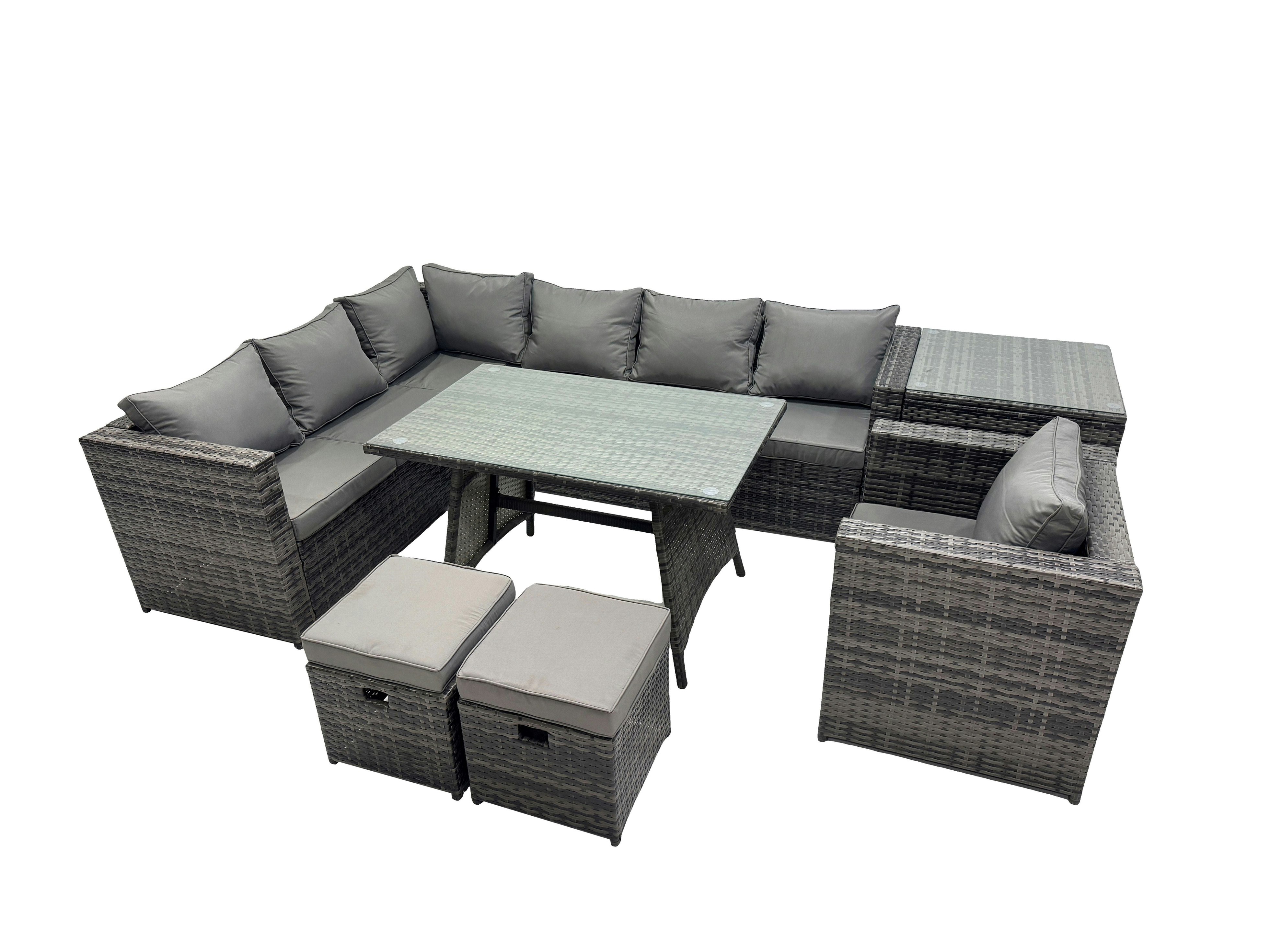 Fimous Dark/Grey 9 Seater Outdoor Pe Rattan Sofa Set With Dining Table Patio Garden Furniture Sets With Chair 2 Small Stools Mixed