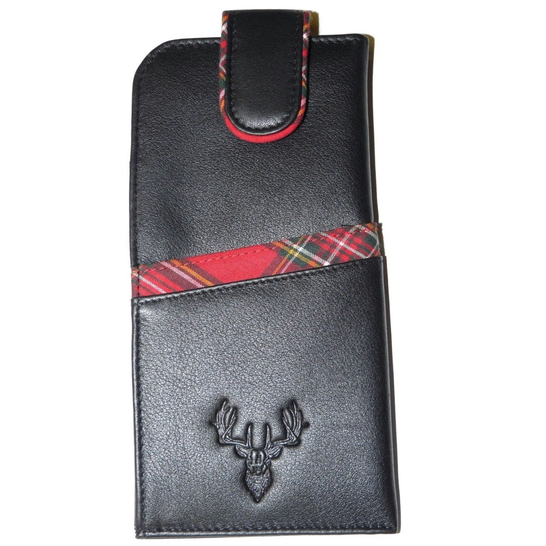 Mala Leather Unisex Black Braemar Soft Leather Glasses Case With Stag Tartan Accent