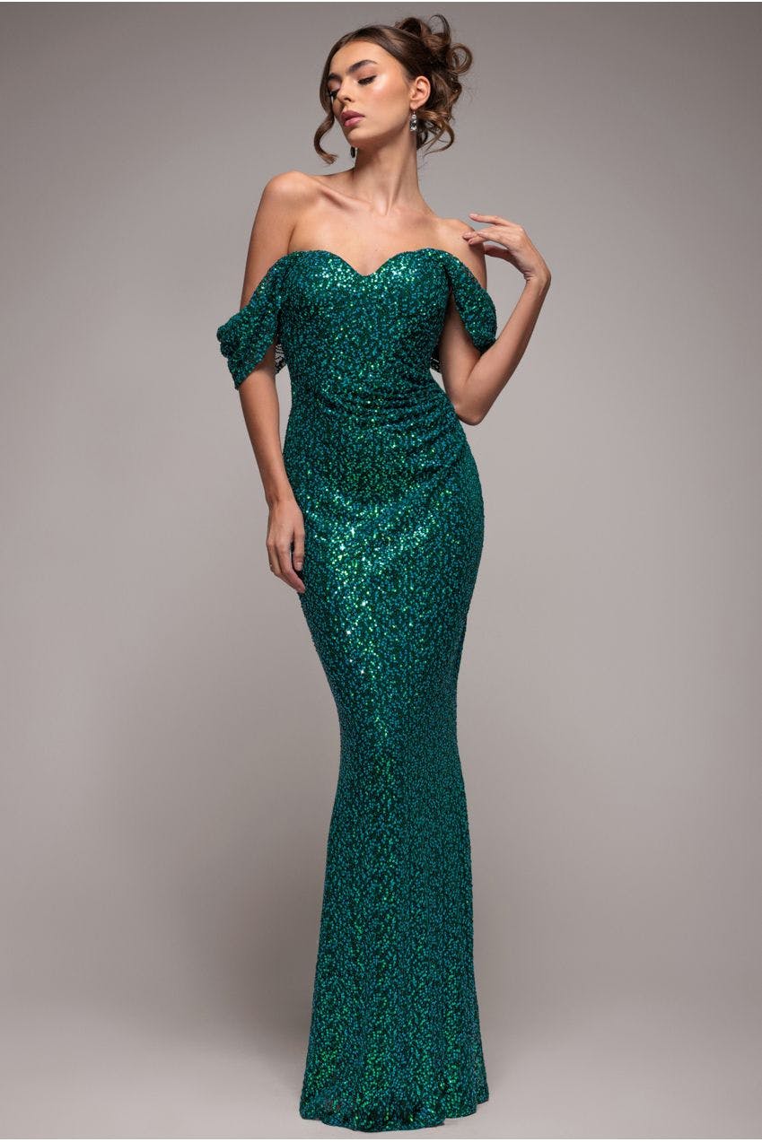 Goddiva Green Off The Shoulder Sequin Wing Maxi - Emerald By - Emerald - 14