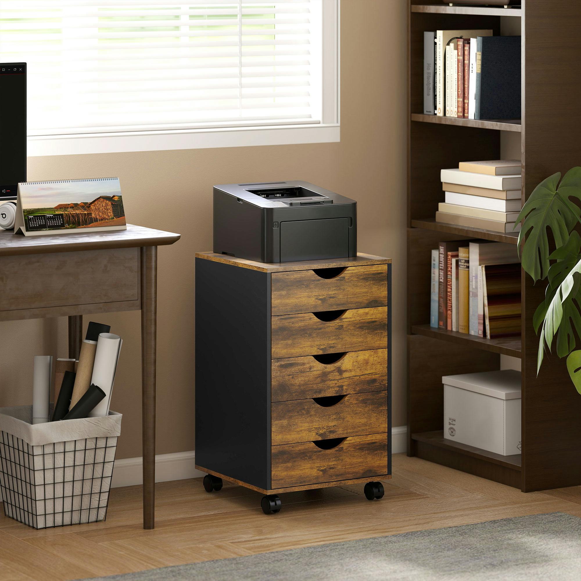 Rackhams Brown Filing Cabinet With 5 Drawers, Under Desk Drawer, Rustic
