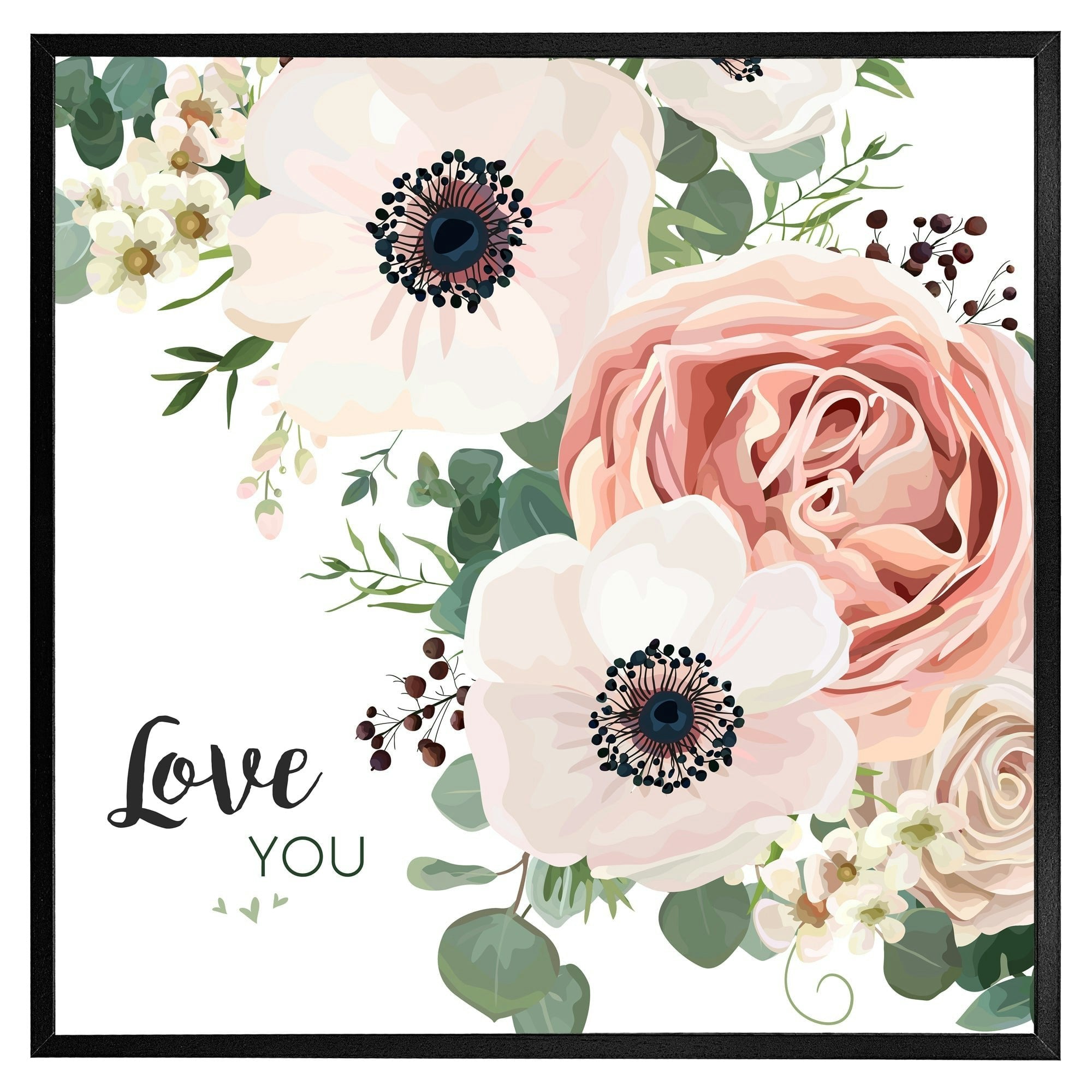 Rackhams Pink/Peach/White Garden Flower, Rose, Anemone (Picture Frame) - Oak - 20X20"