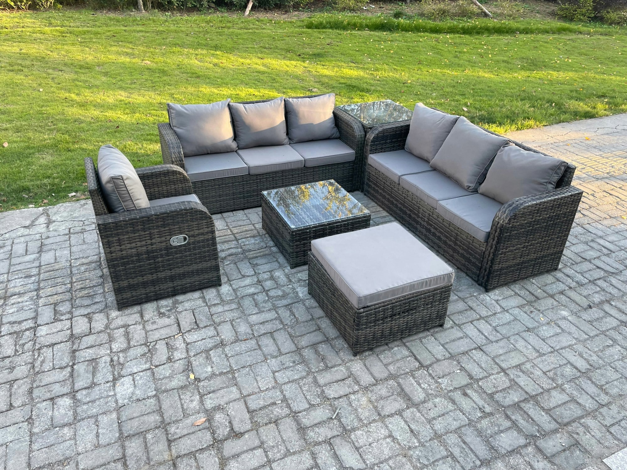 Rackhams Dark/Grey Outdoor Rattan Garden Furniture Set Conservatory Patio Sofa Coffee Table With Reclining Chair Big Footstool Side Table Mixed