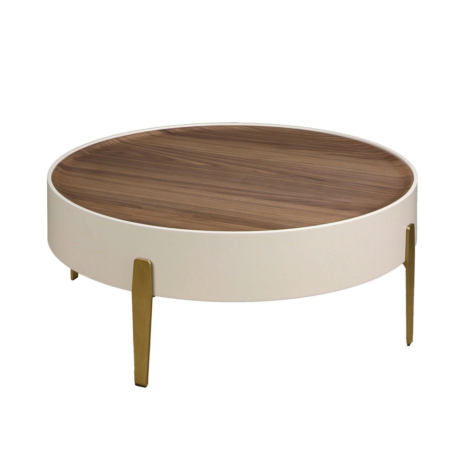 Rackhams Beige/Golden Round Coffee Table Walnut, Wood And Polished Steel 2151