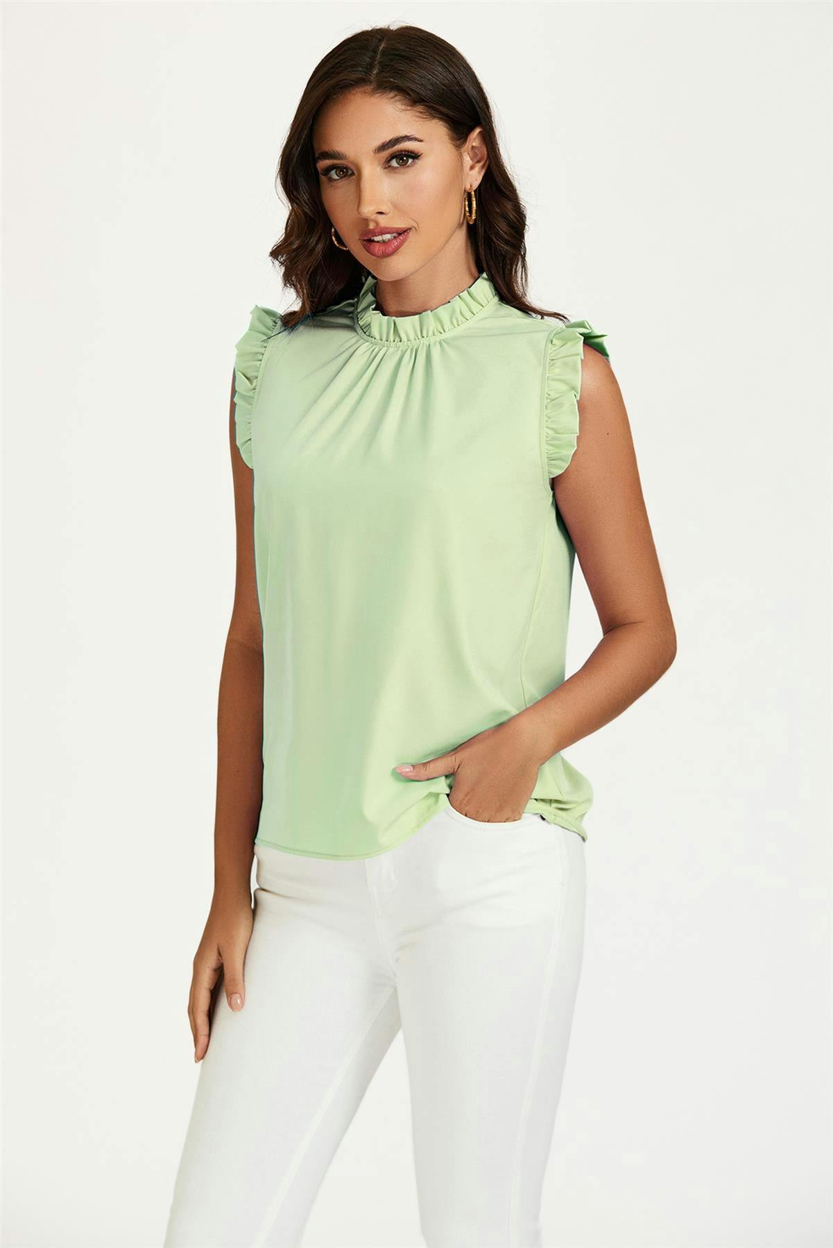 Fs Collection Light/Green Frill Trim Sleeve Frill Neck Blouse Top In - Xs