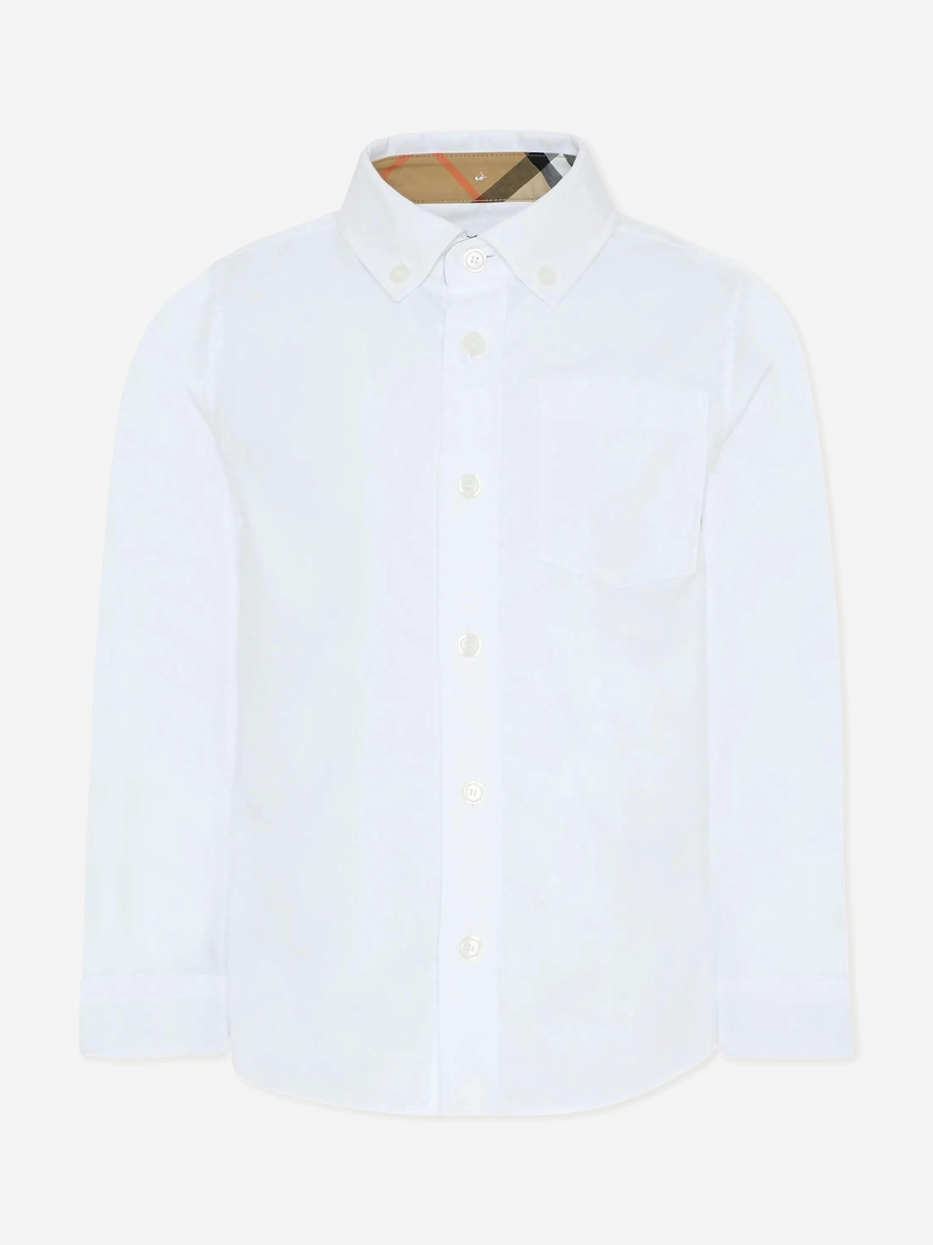 Burberry Kids Boys White Burberry Owen Ls Check Trim Shirt In - 8 Yrs
