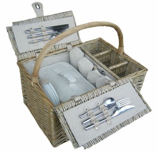 Red Hamper Deluxe Retro Double Lidded Wicker Fitted Picnic Basket - 4 Person