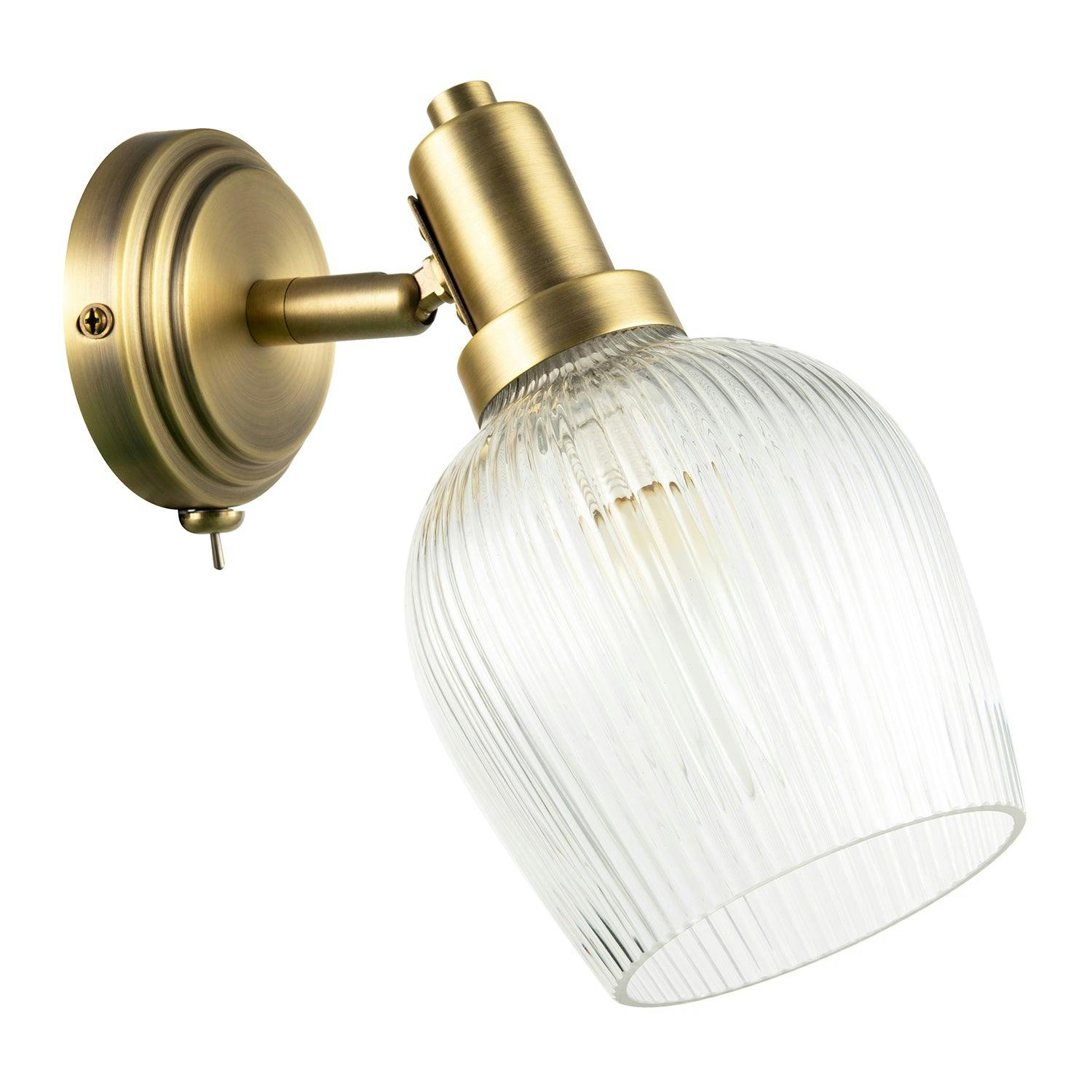 Happy Homewares Light Classy Antique Brass Switched Wall With Clear Ribbed Glass Shade