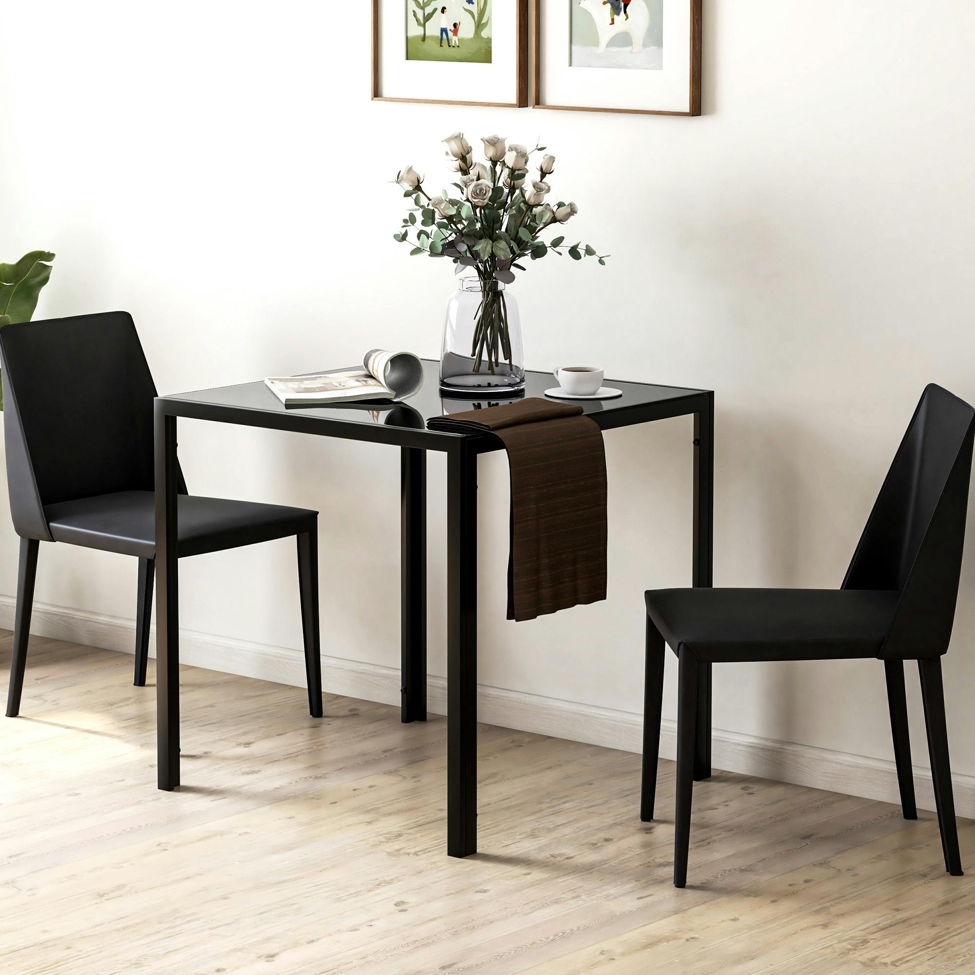 Homcom Black Modern Square Dining Table With Tempered Glass Top Metal Legs - 75 - Powder Coated Steel