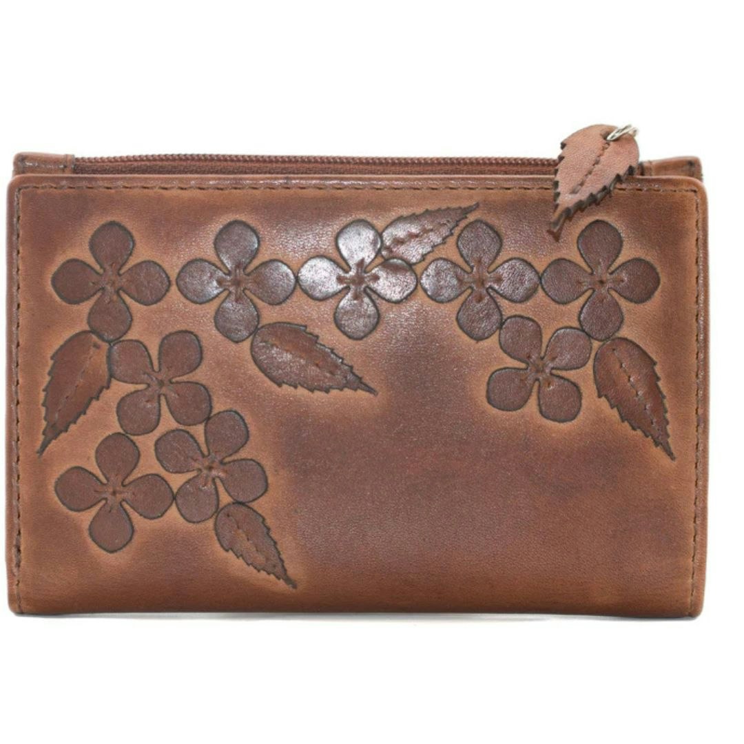 Mala Leather Wild Bloom Classic Floral Tan Leather Compact Purse - Tan