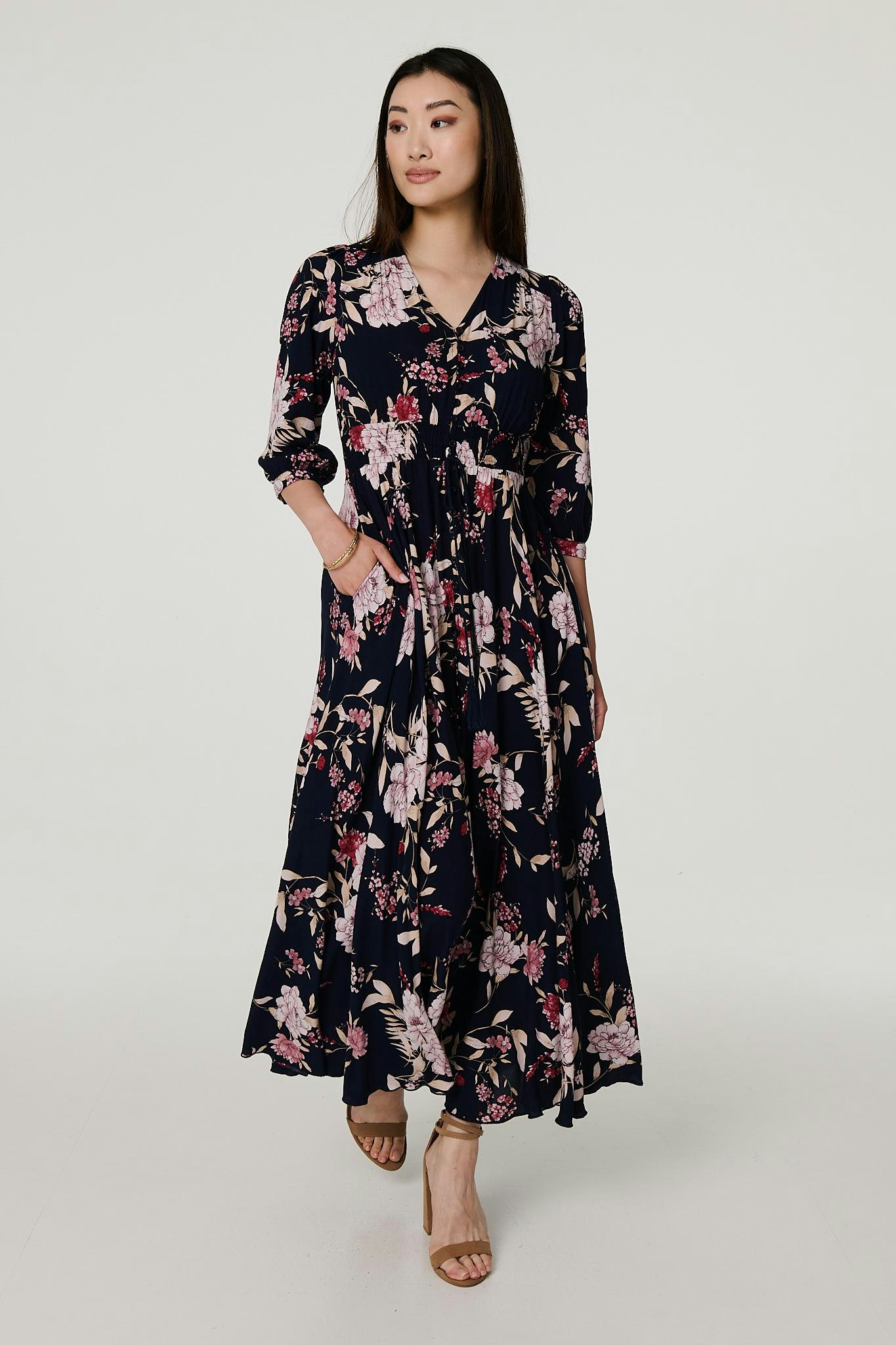 Izabel London Floral 3/4 Sleeve A-Line Maxi Dress - Navy - 10
