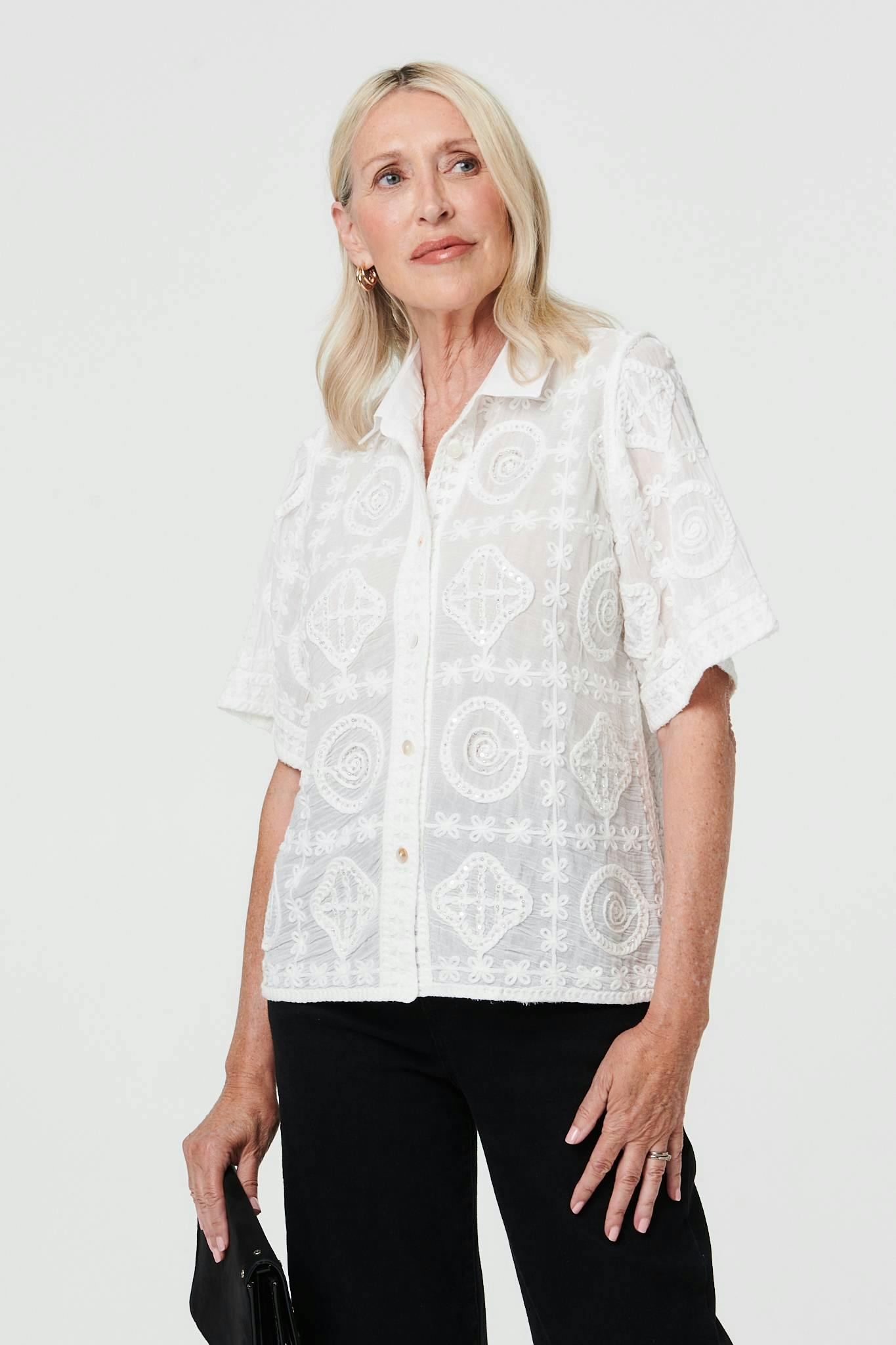 Izabel London White Sparkly Embroidered Texture Shirt - S/M