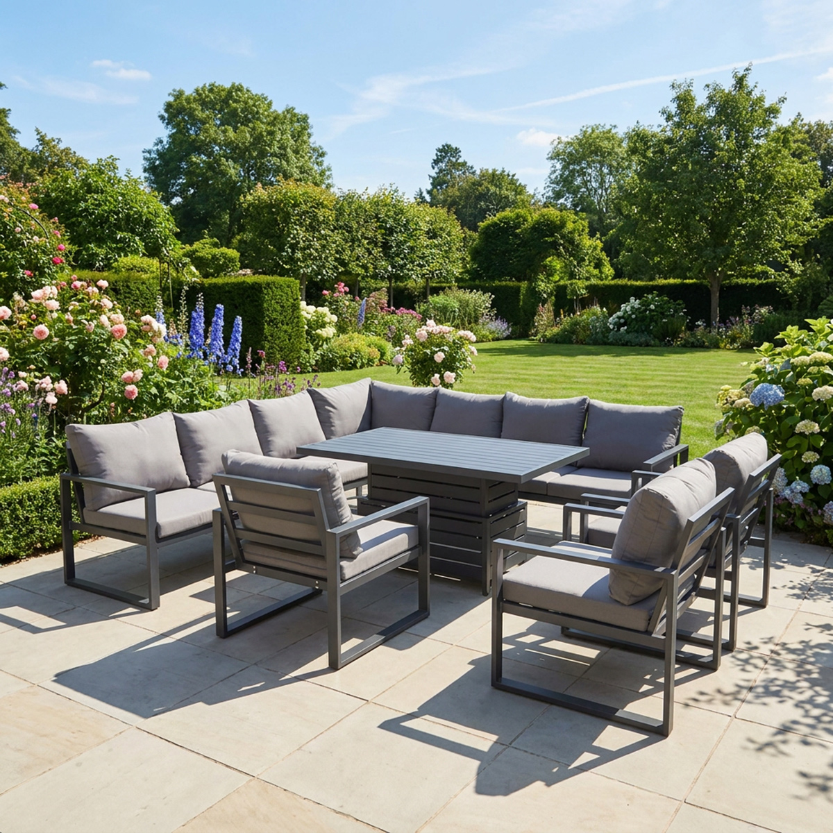Fimous Grey 9 Seater Aluminium Garden Furniture Set With Adjustable Rising Dining Table, Corner Sofa & 3 Chairs