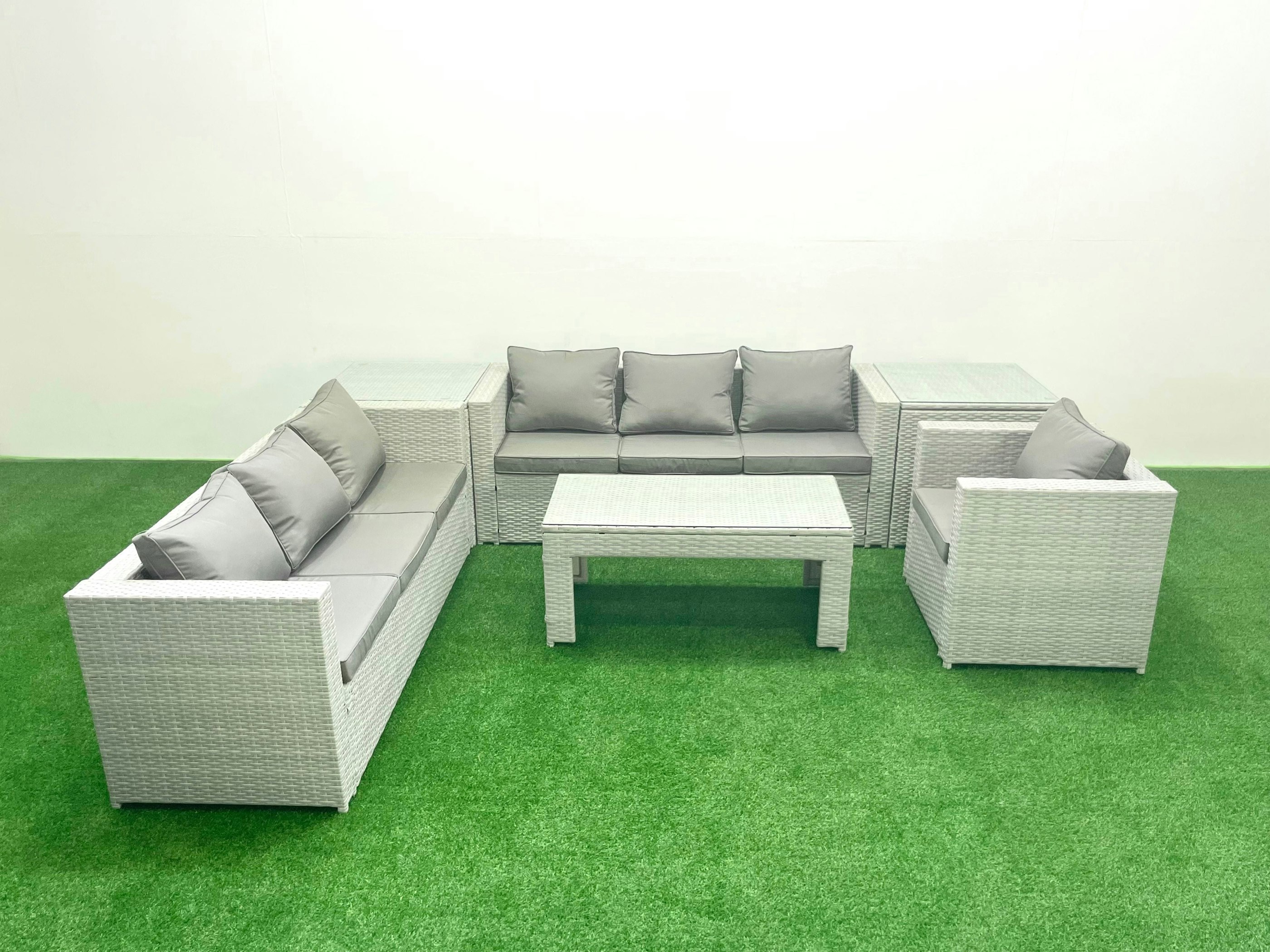 Rackhams Light/Grey Wicker Pe Rattan Sofa Garden Furniture Set With Oblong Coffee Table Armchair 2 Side Tables Mixed