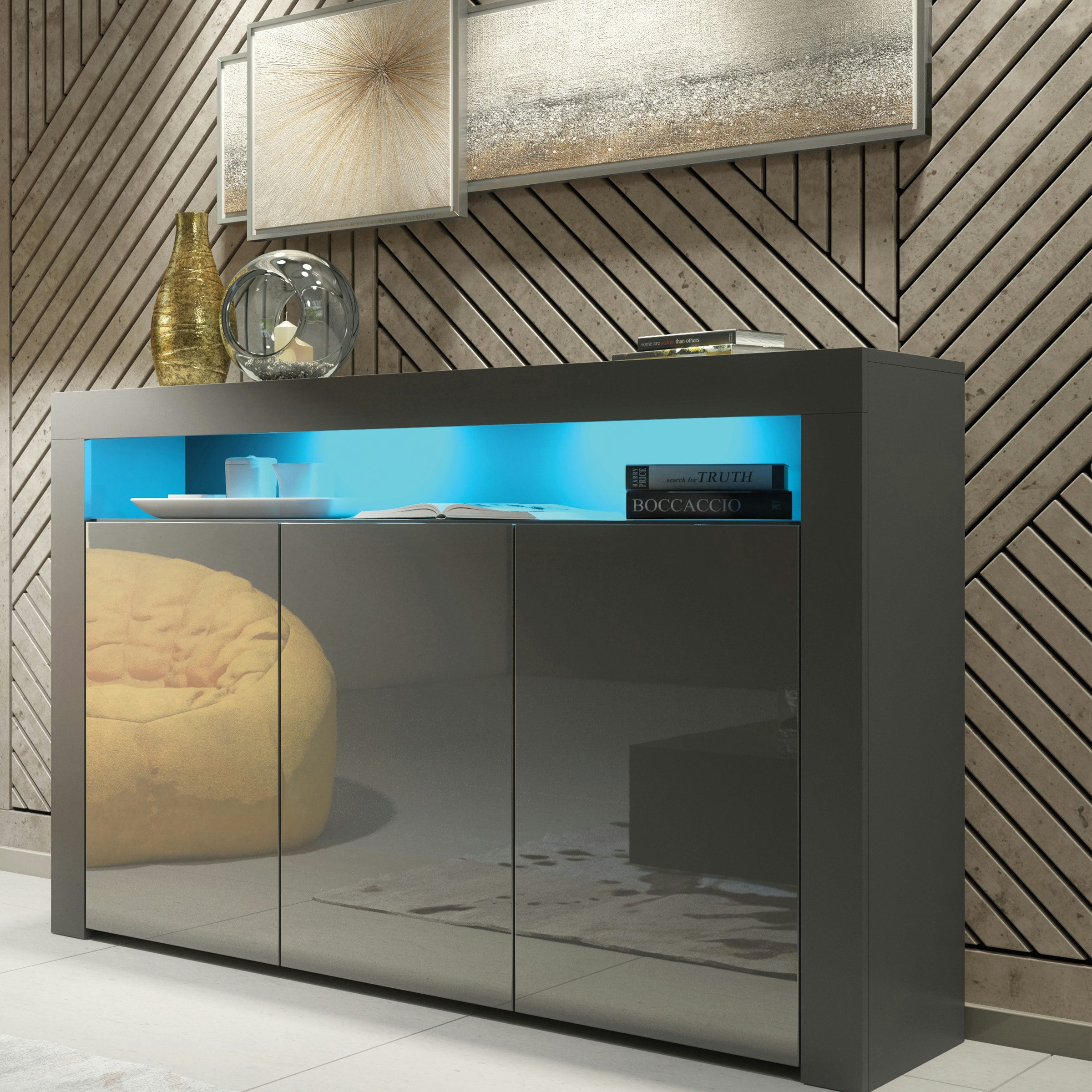 Rackhams Grey Mex Furnitur Modern Sideboard 155Cm – Matt Body With Gloss Doors Free Led Lights - 155 Cm - Mdf/Chipboard - 1