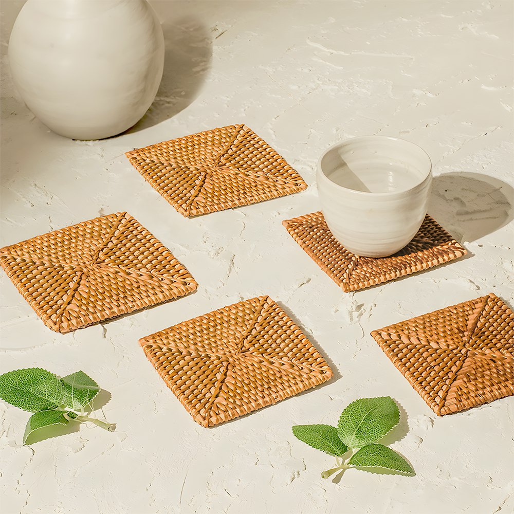 Coastal Villa Homeware Brown Rattan Square Coasters - Honey