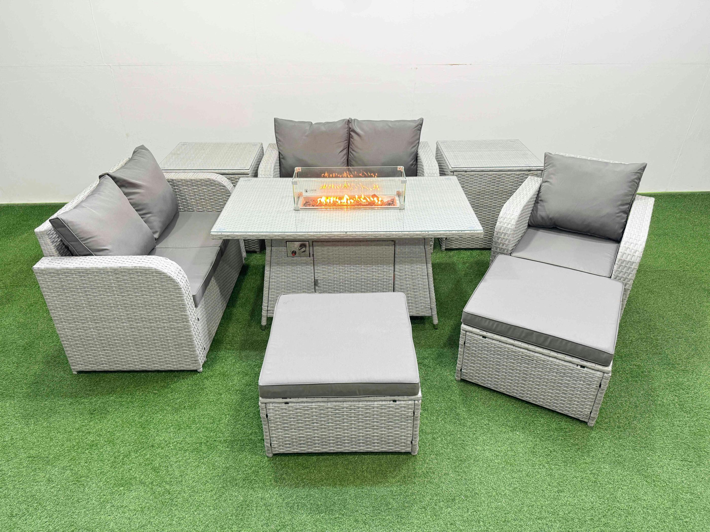 Rackhams Light/Grey 7 Seater Rattan Garden Furniture Set With Firepit Dining Table, 2 Loveseats, 1 Reclining Chair, 2 Footstools & 2 Side Tables