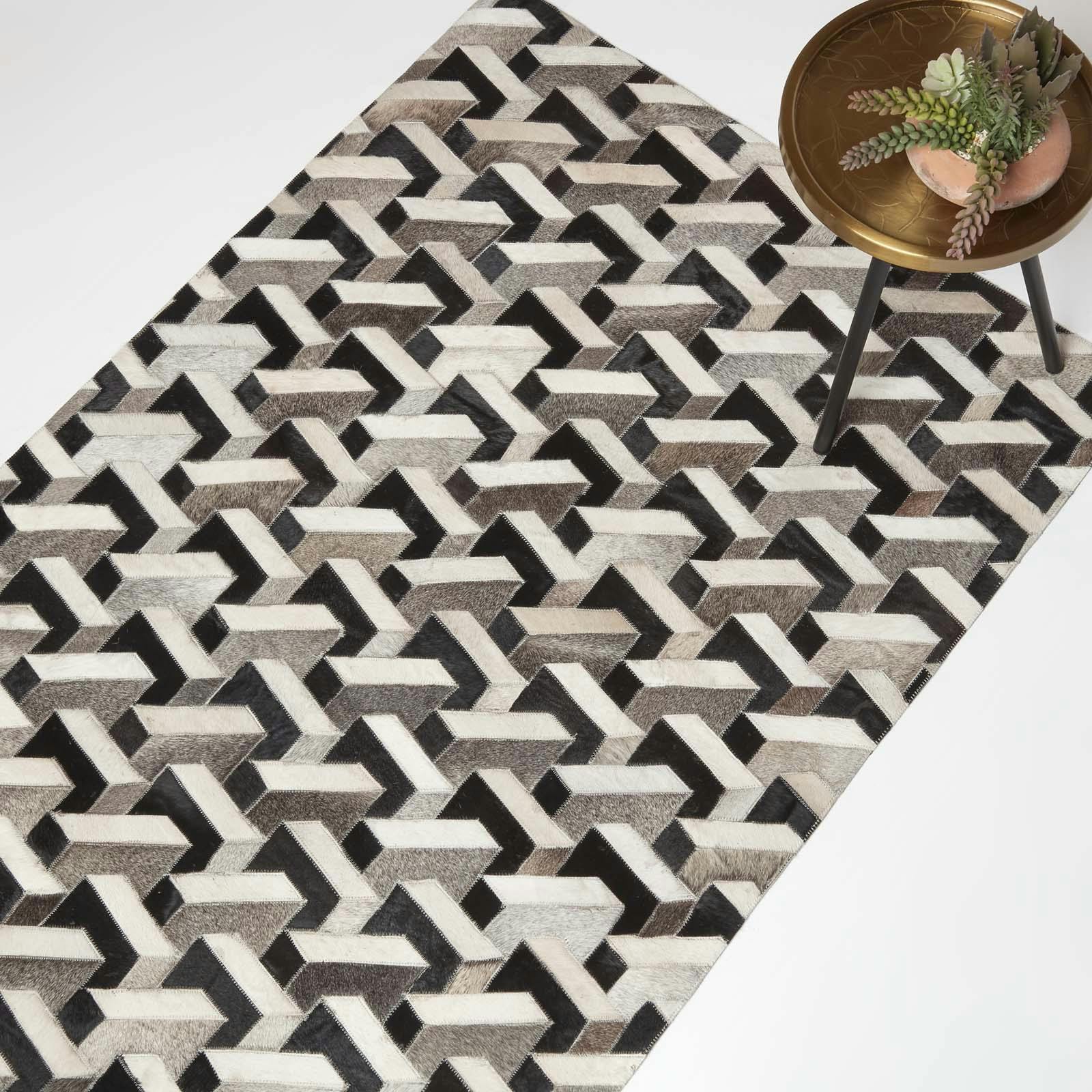 Rackhams Grey/Black & Geometric Leather Rug, 90 X 150 Cm