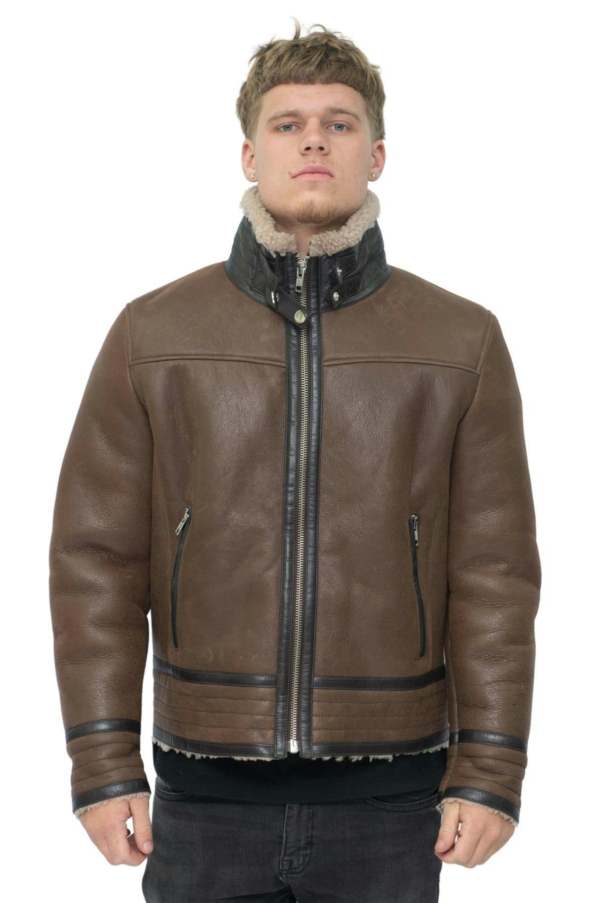 Infinity Leather Men's Brown Retro Pilot Sheepskin Leather Biker Jacket-Bogota - Tan - Uk Xs | Eu 44 | Us 34
