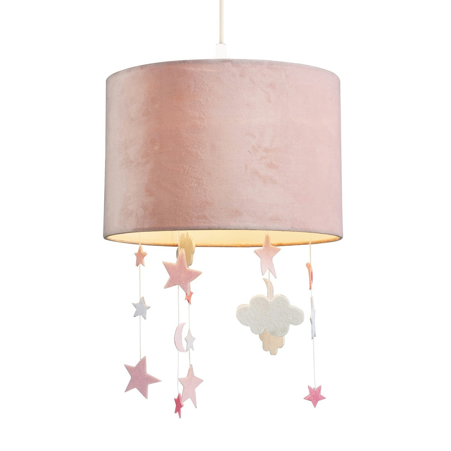Happy Homewares Pink Soft Blush Velvet Pendant Lamp Shade With Hanging Felt Stars And Clouds
