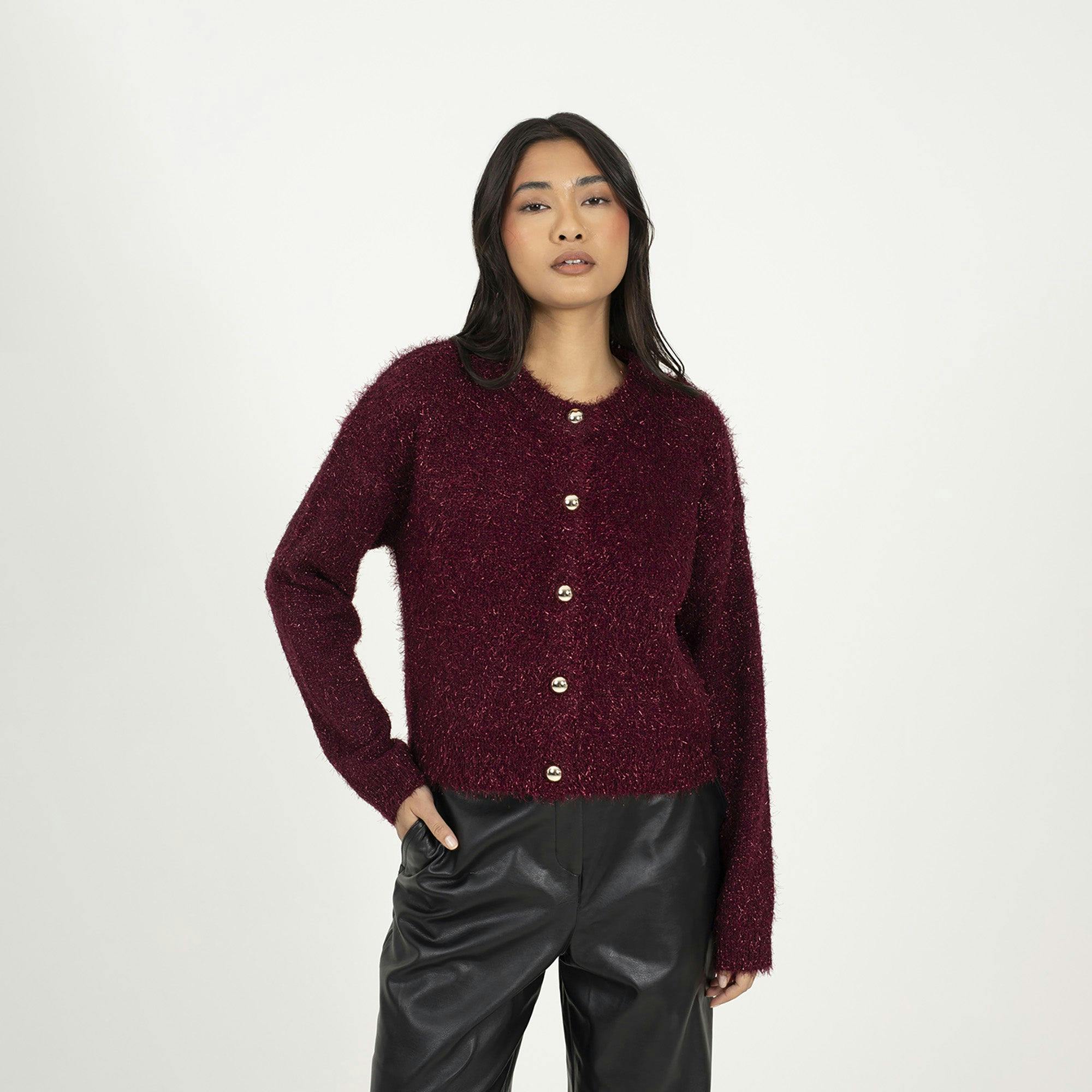 Brave Soul Gold Fluffy Tinsel Knit Cardigan - Wine - Wine - M