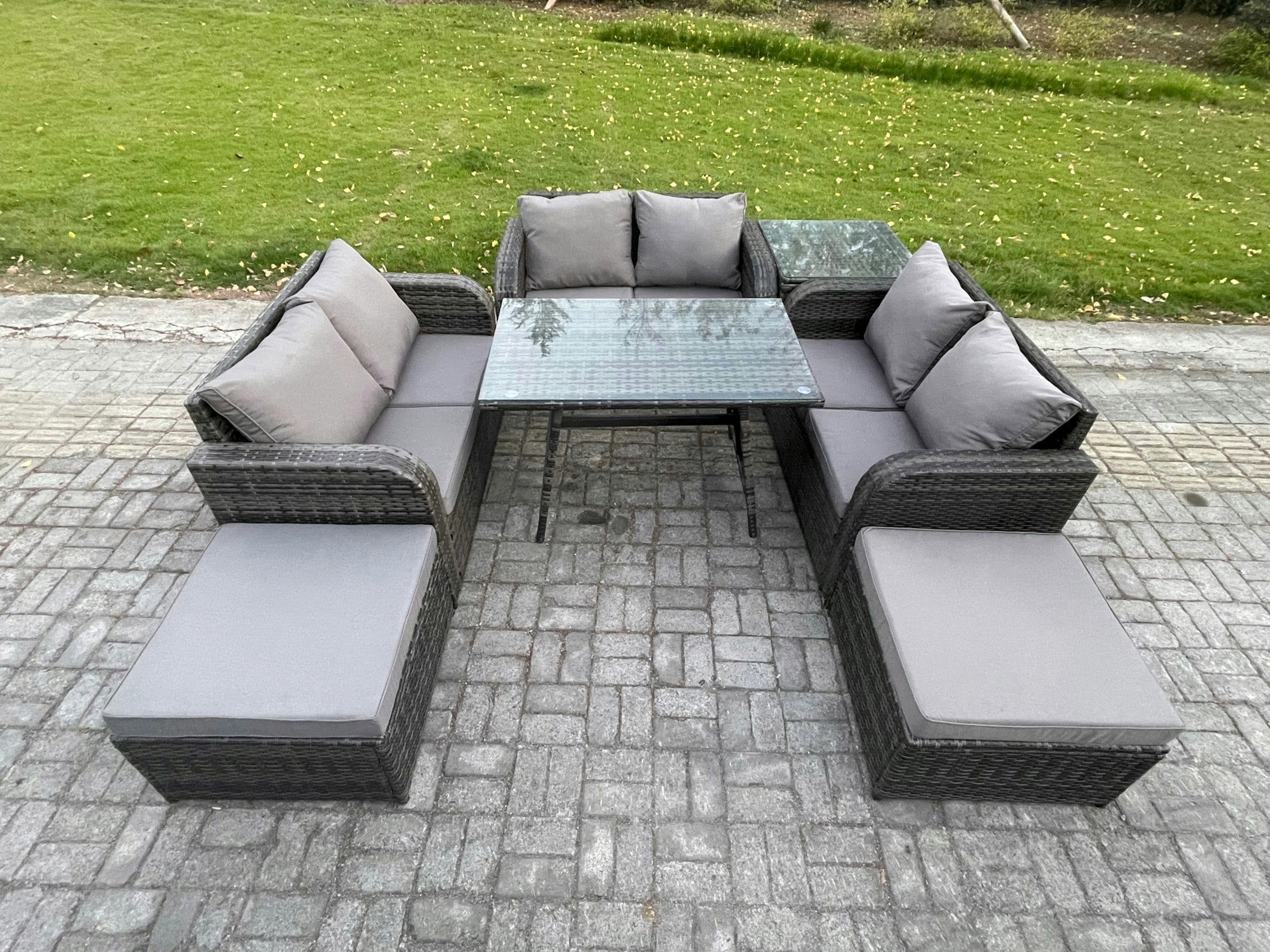 Rackhams Dark/Grey Outdoor Rattan Garden Furniture Set 8 Seater Patio Love Sofa Set With Rectangular Dining Table 2 Big Footstool Side Table Mixed