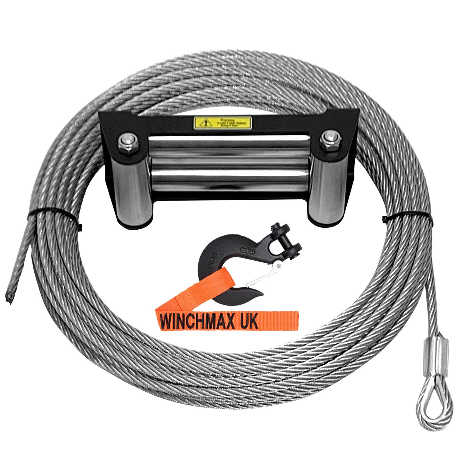 Winchmax Black Steel Rope 26M X 9.5Mm, Hole Fix. Stainless Steel Roller Fairlead. 3/8 Inch Clevis Hook. For Winches Up To 13,500Lb.