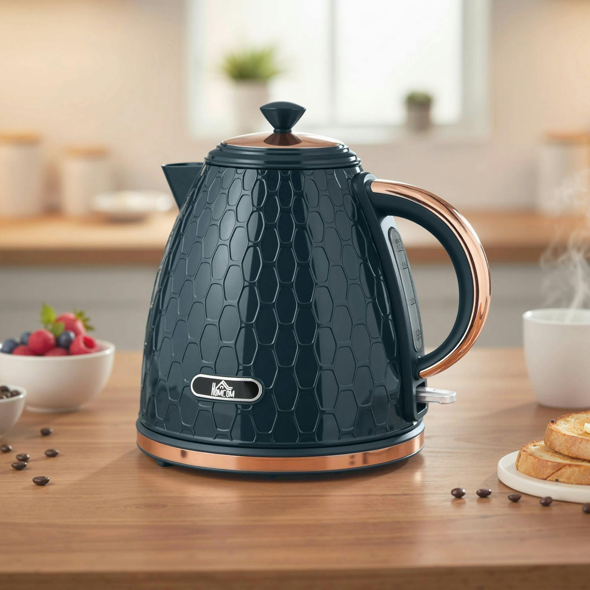 Homcom Dark/Blue 3000W Electric Kettle, Fast Boil, 1.7L, Auto Shut-Off, - Plastic, Stainless Steel - 1 - 24.2L X 19.5W X 23.4H Cm