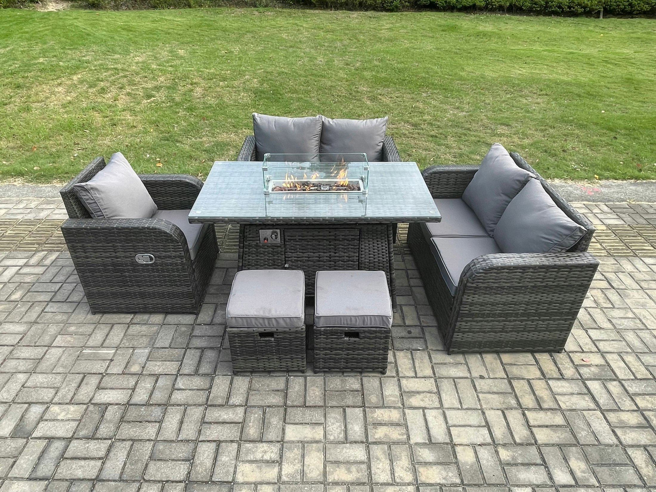Fimous Rattan Garden Furniture Set With Gas Fire Pit Dining Table,Reclining Chair 2 Small Footstools Indoor Outdoor 6 Piece Loveseat Sofa Set
