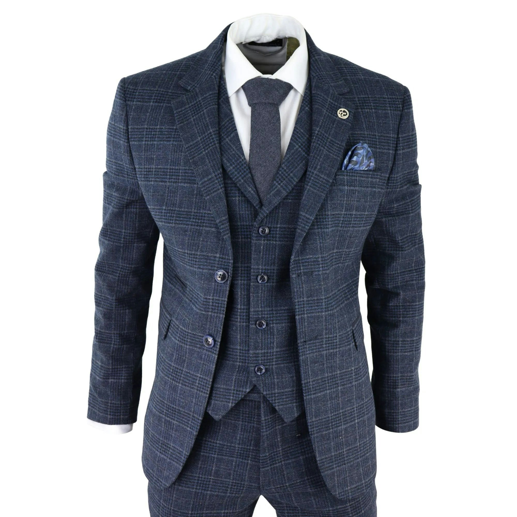 Truclothing Men's Blue Ak-13 - Tweed 3 Piece Suit Check 1920S Gatsby Blinders - 48" Jacket 42" Trousers