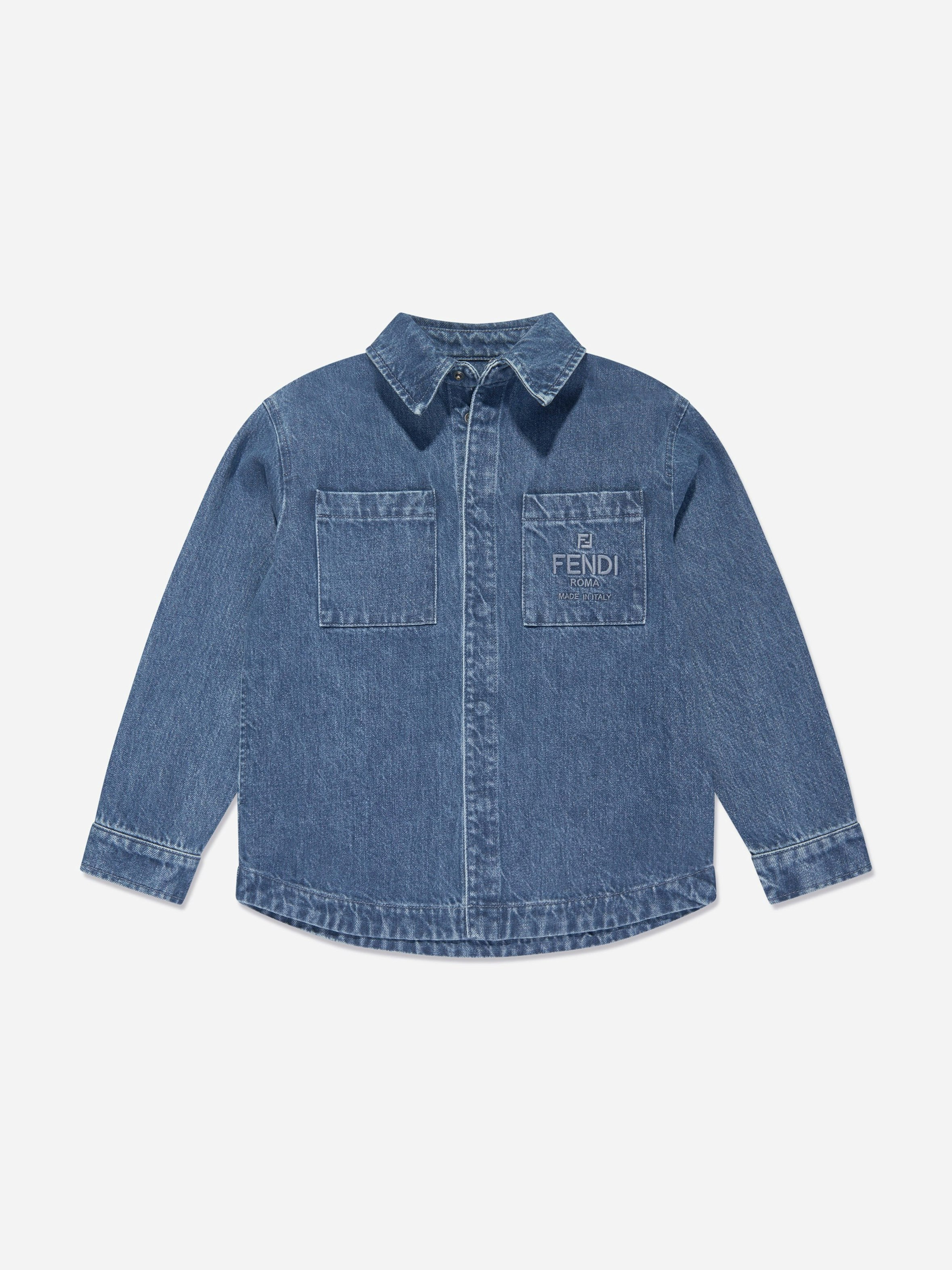 Fendi Kids Unisex Kids Blue Ff Logo Denim Overshirt In - 8 Yrs