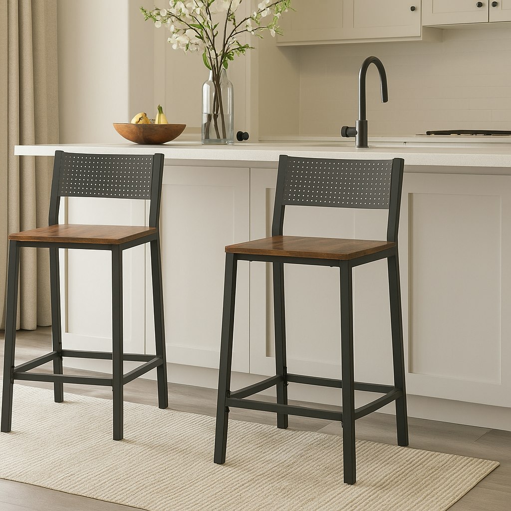 Rackhams Brown/Black Set Of 2 Industrial Bar Stools Rustic & Breakfast Kitchen Counter Chairs