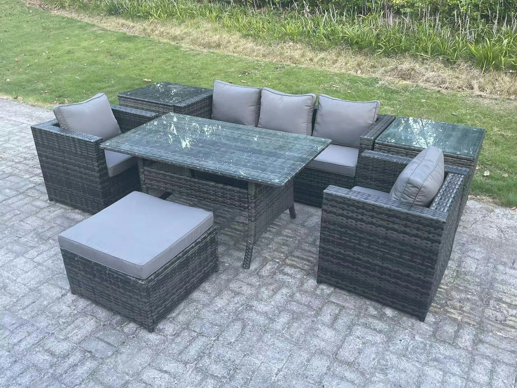 Fimous Dark/Grey 6 Seater Rattan Garden Furniture Set Patio Outdoor Rectangular Dining Table Lounge Sofa Chair With 2 Side Table Stool Mixed