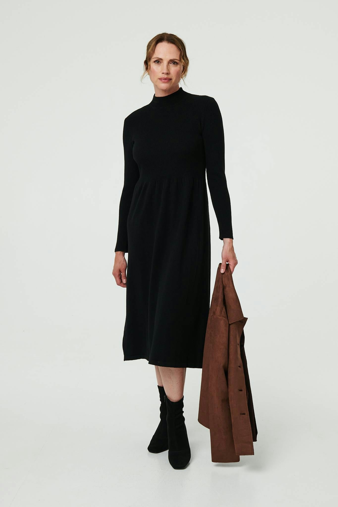 Izabel London Black Textured High Neck Midi Jumper Dress - 14
